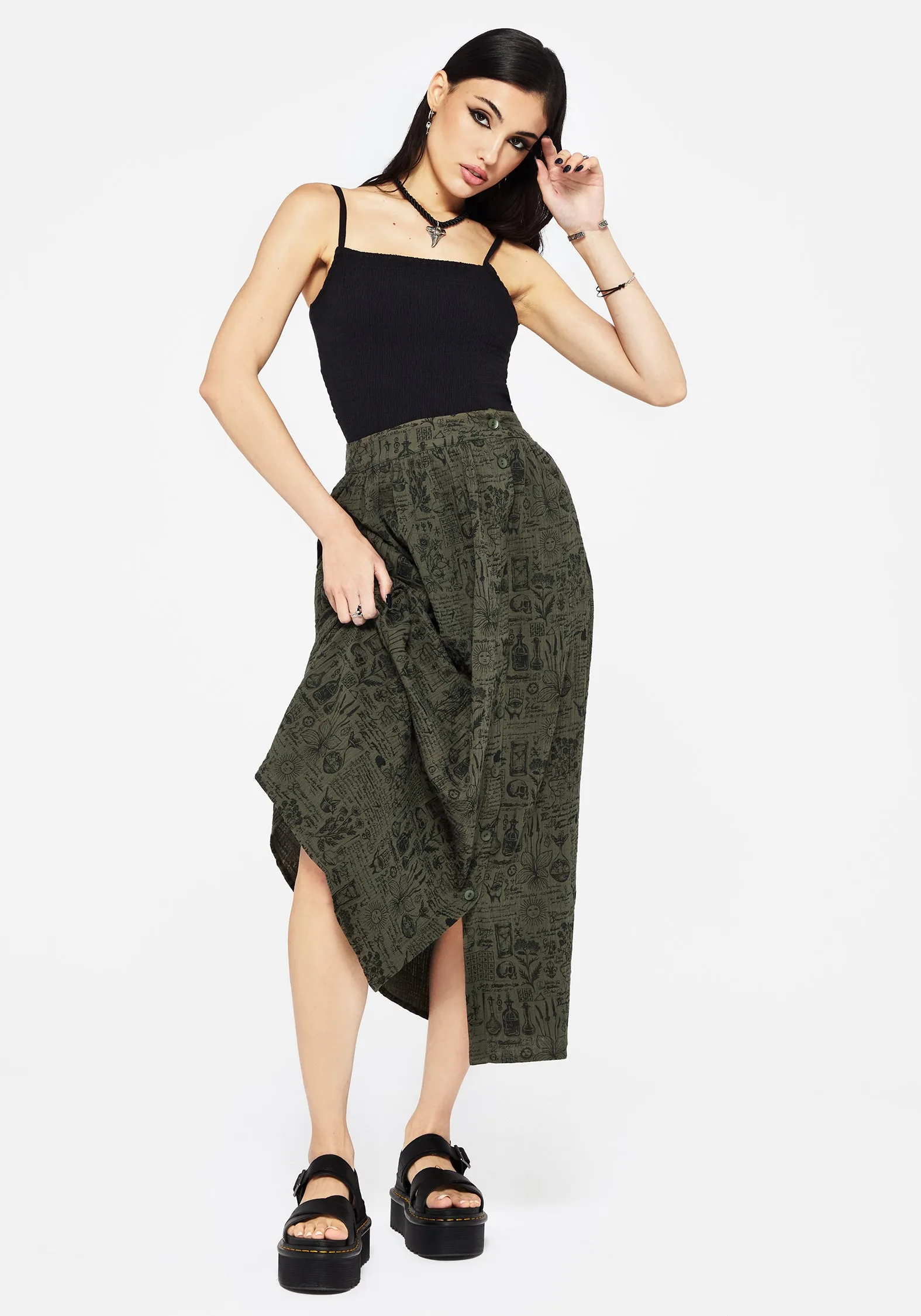 Taddea Cotton Side Button Up Maxi Skirt Work Essential Frayed hem