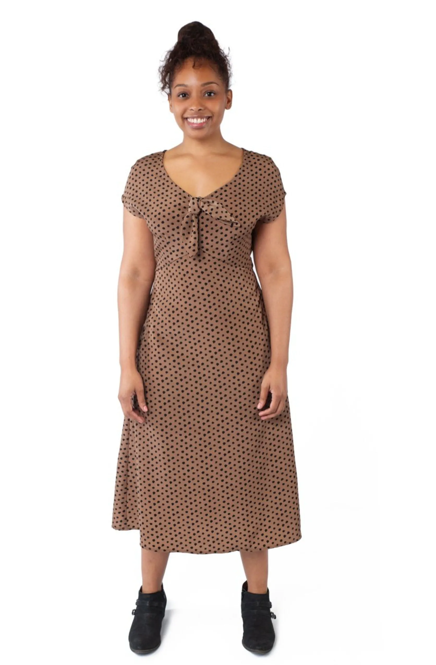 Tatiana Dress in Mocha Dot Crisp Detail