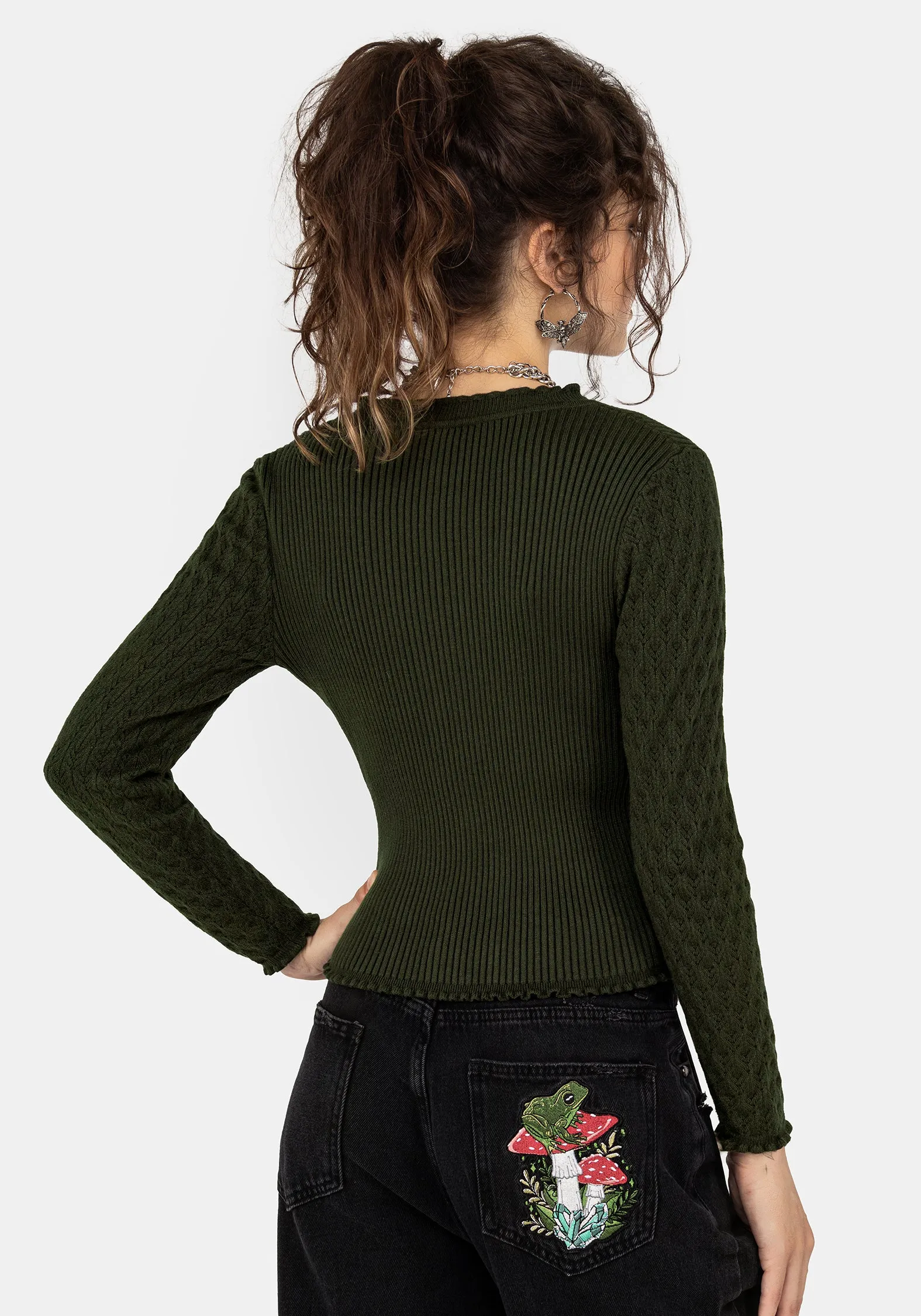 Outdoor Outfit Swamplife Embroidered Pointelle Knit Crop Cardigan