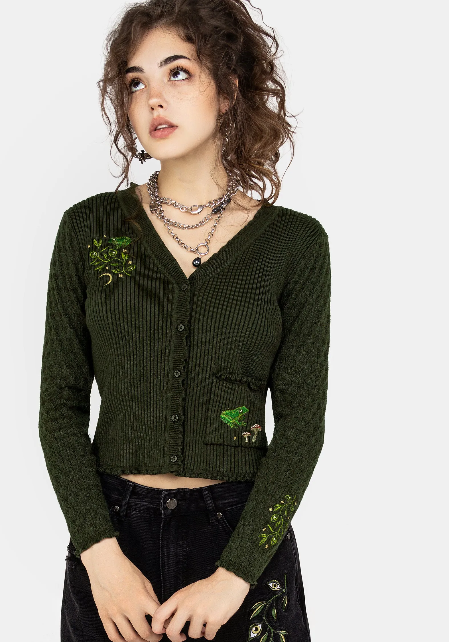 Recycled Polyester Fabric Swamplife Embroidered Pointelle Knit Crop Cardigan