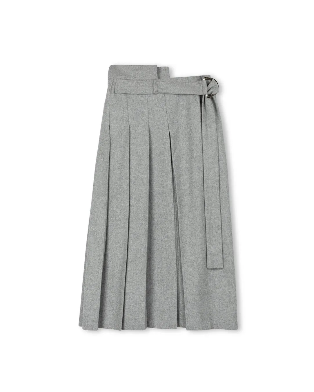 Wool Belted Front Pleat Midi Skirt Ventilated Slits Non Irritating Texture