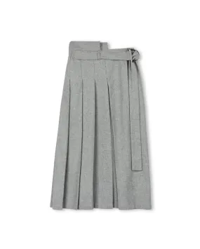 Vegan Material Wool Belted Front Pleat Midi Skirt