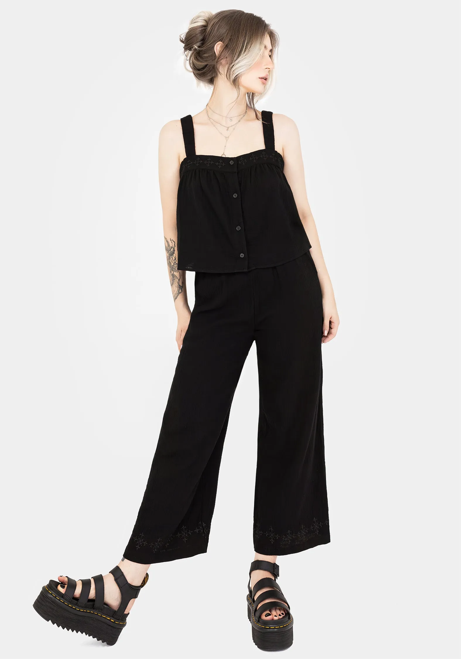 Button Down Collar Stretch Weave Construction Damara Embroidered Cotton Button Up Blouse