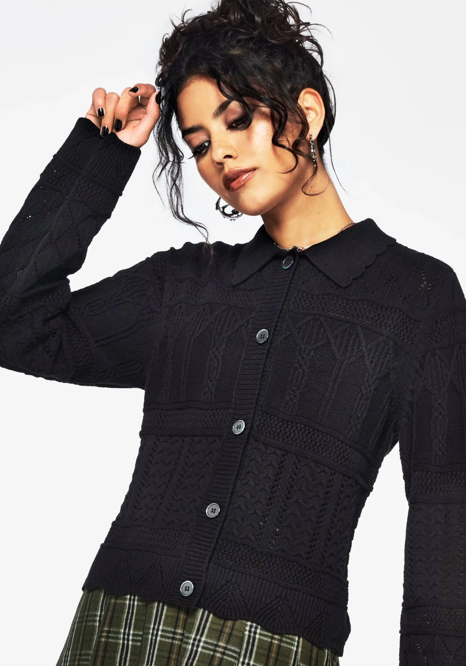 Yewtree Gothic Arch Pointelle Button Down Knit Cardigan Layered Neckline NonRestrictive Armholes