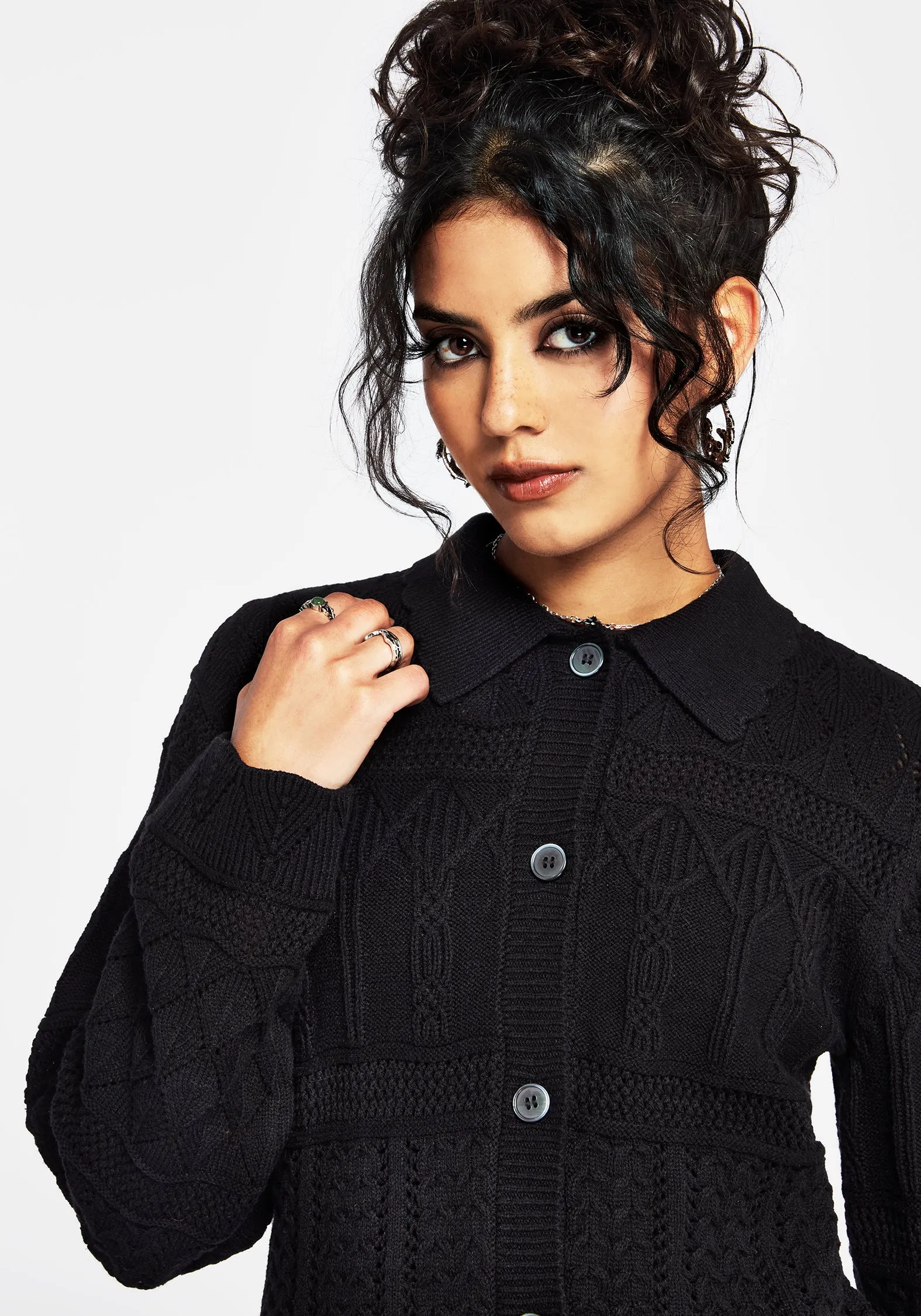 Yewtree Gothic Arch Pointelle Button Down Knit Cardigan SheerLayering MultiFunctionalDesign