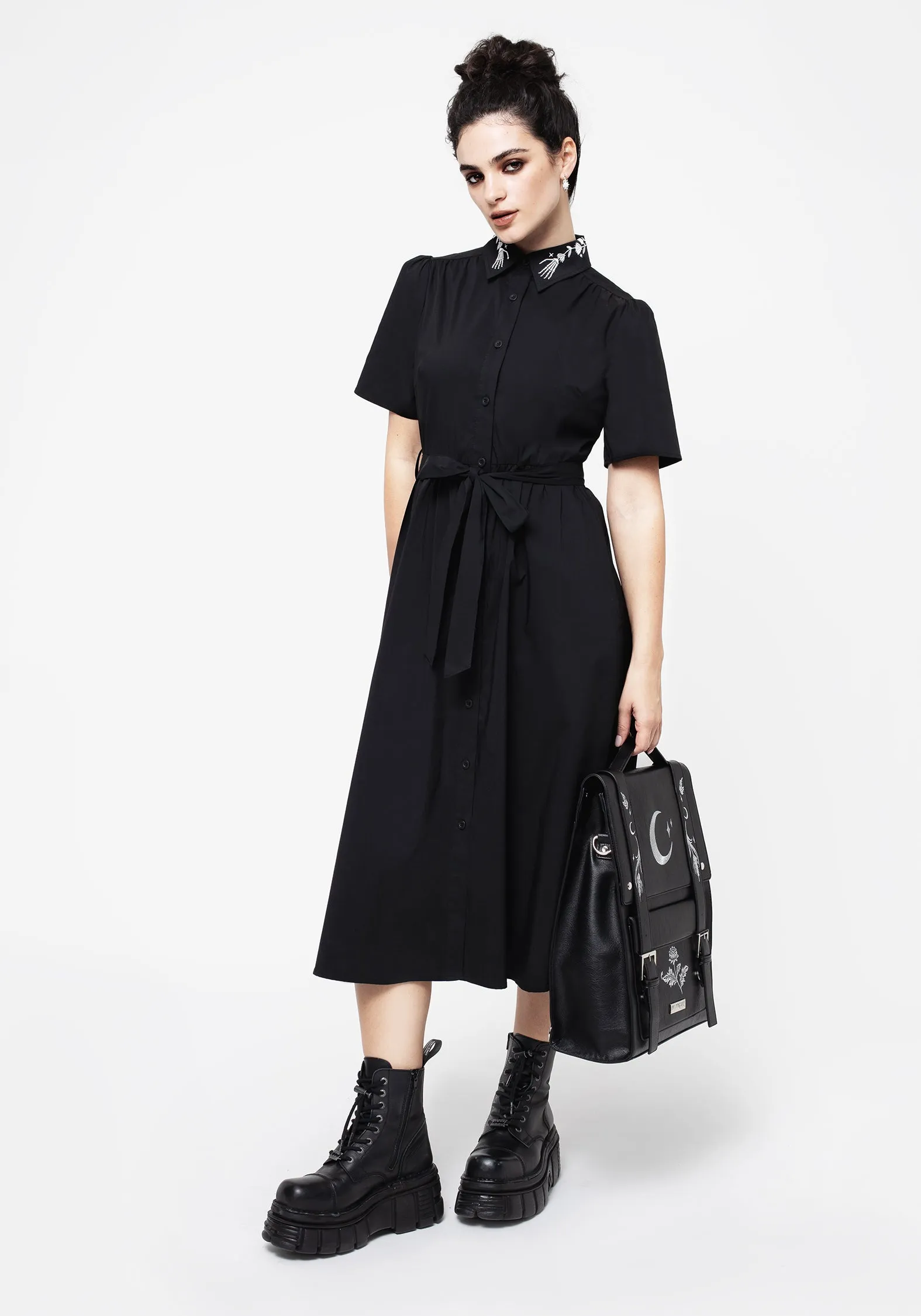 Spring-Season Satin-Finish Tempora Embroidered Midi Shirt Dress