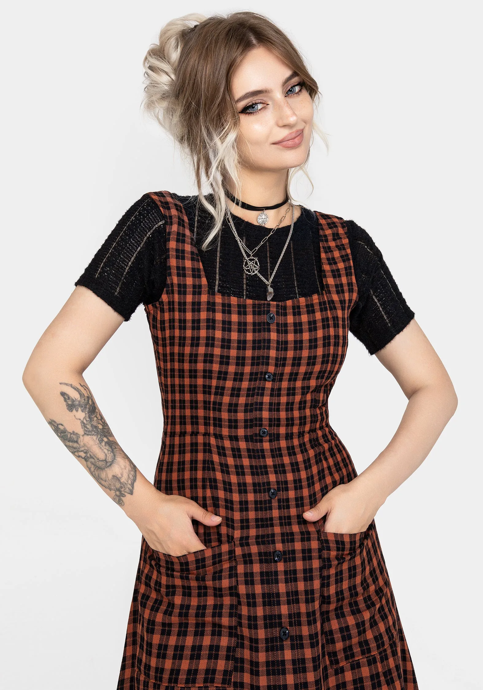 Terra Check Button Up Midaxi Dress - Orange Olive Grove