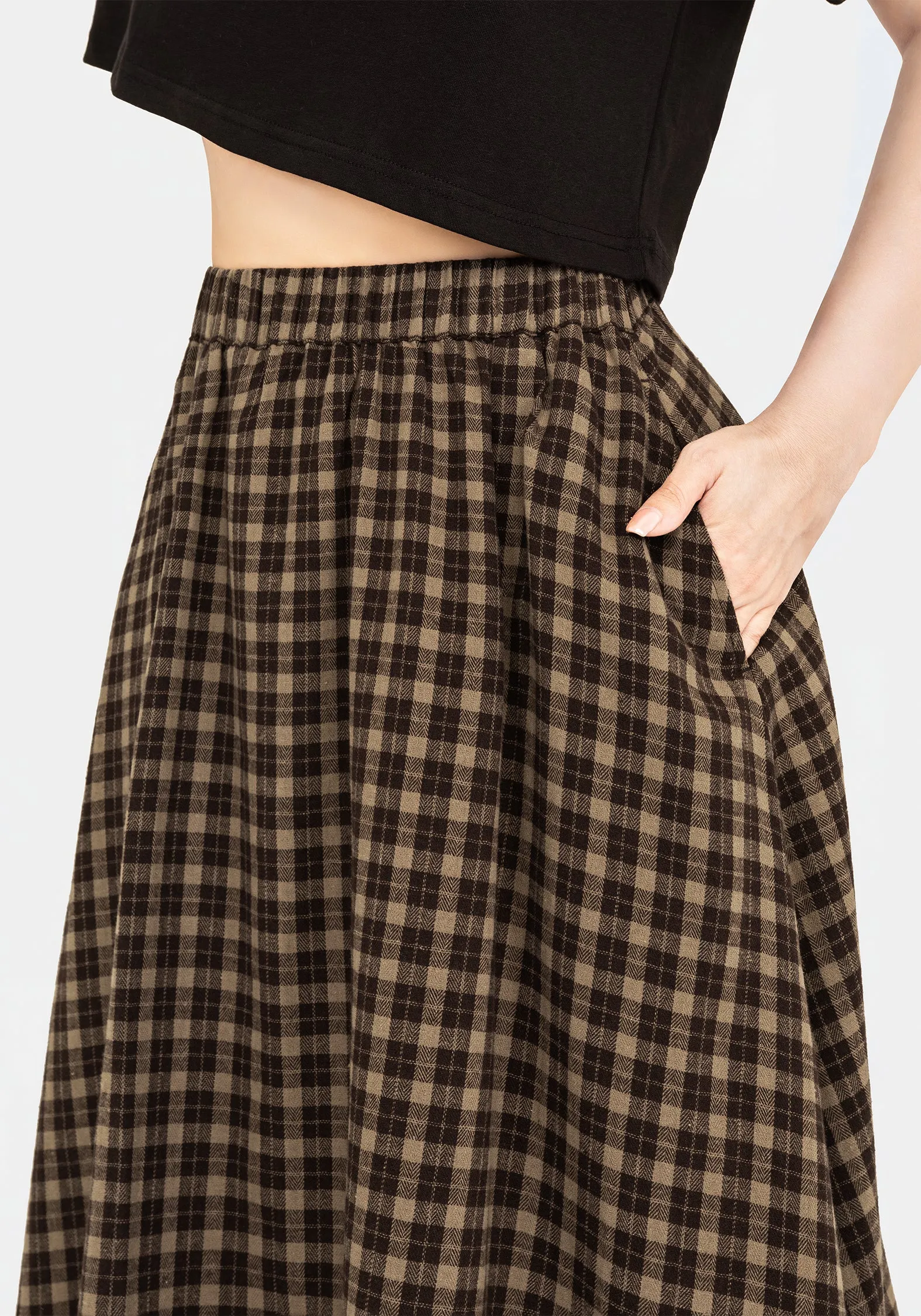 Terra Cotton Check Midi Skirt - Brown Push Button Closure