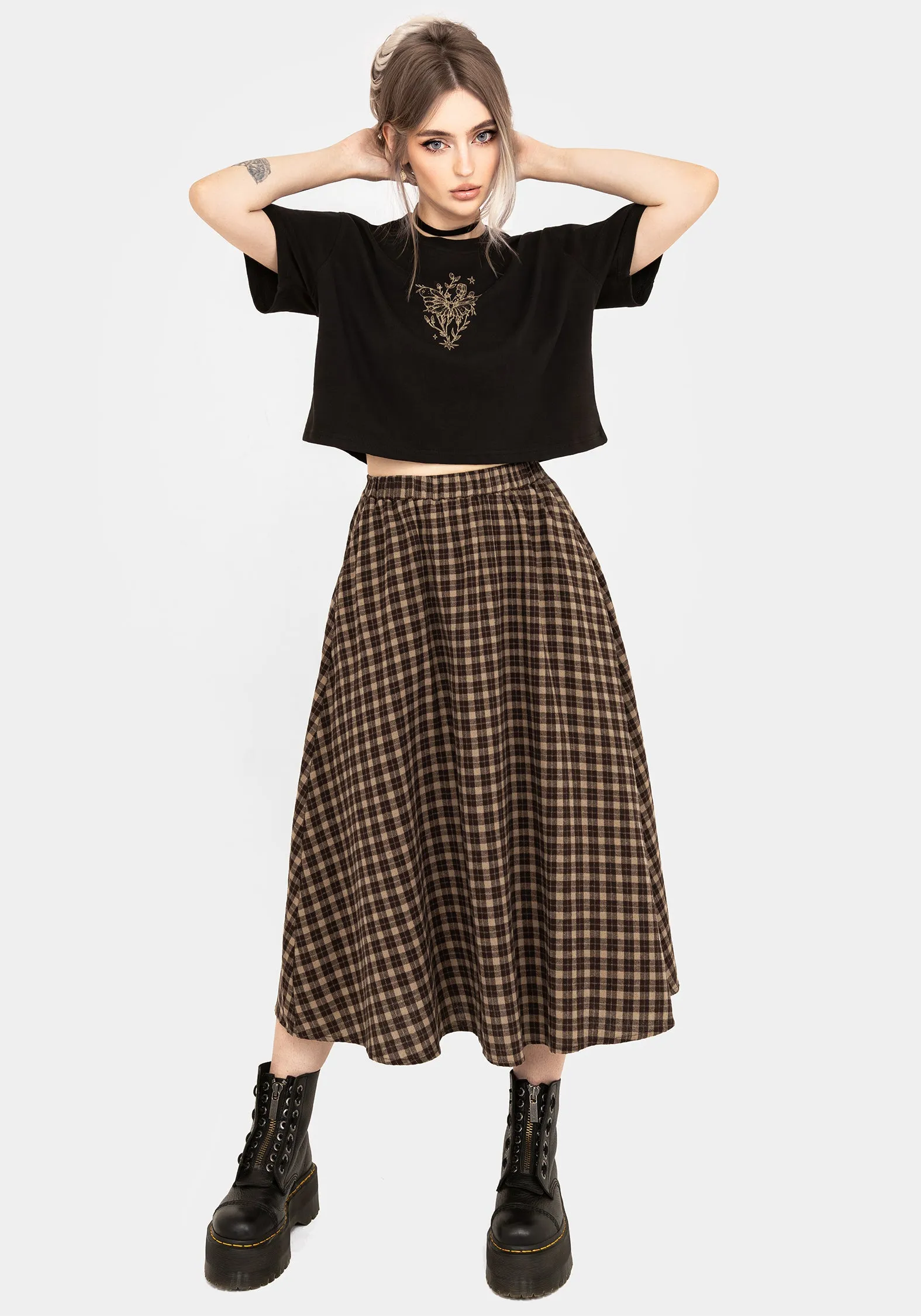 Terra Cotton Check Midi Skirt - Brown Day Wear Neat Fit