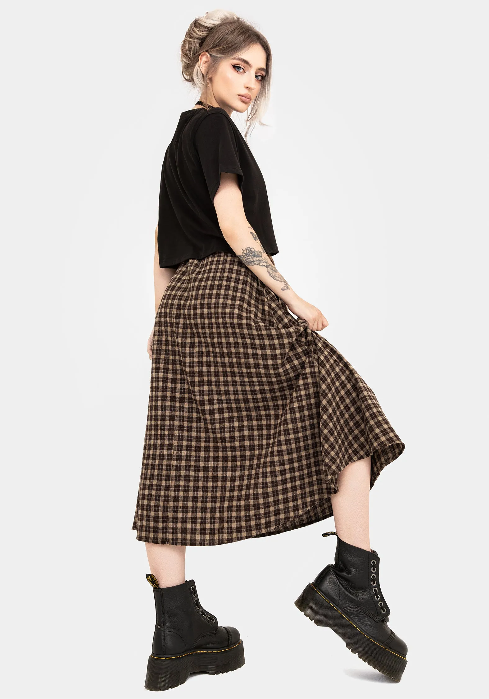 Terra Cotton Check Midi Skirt - Brown Multi Purpose