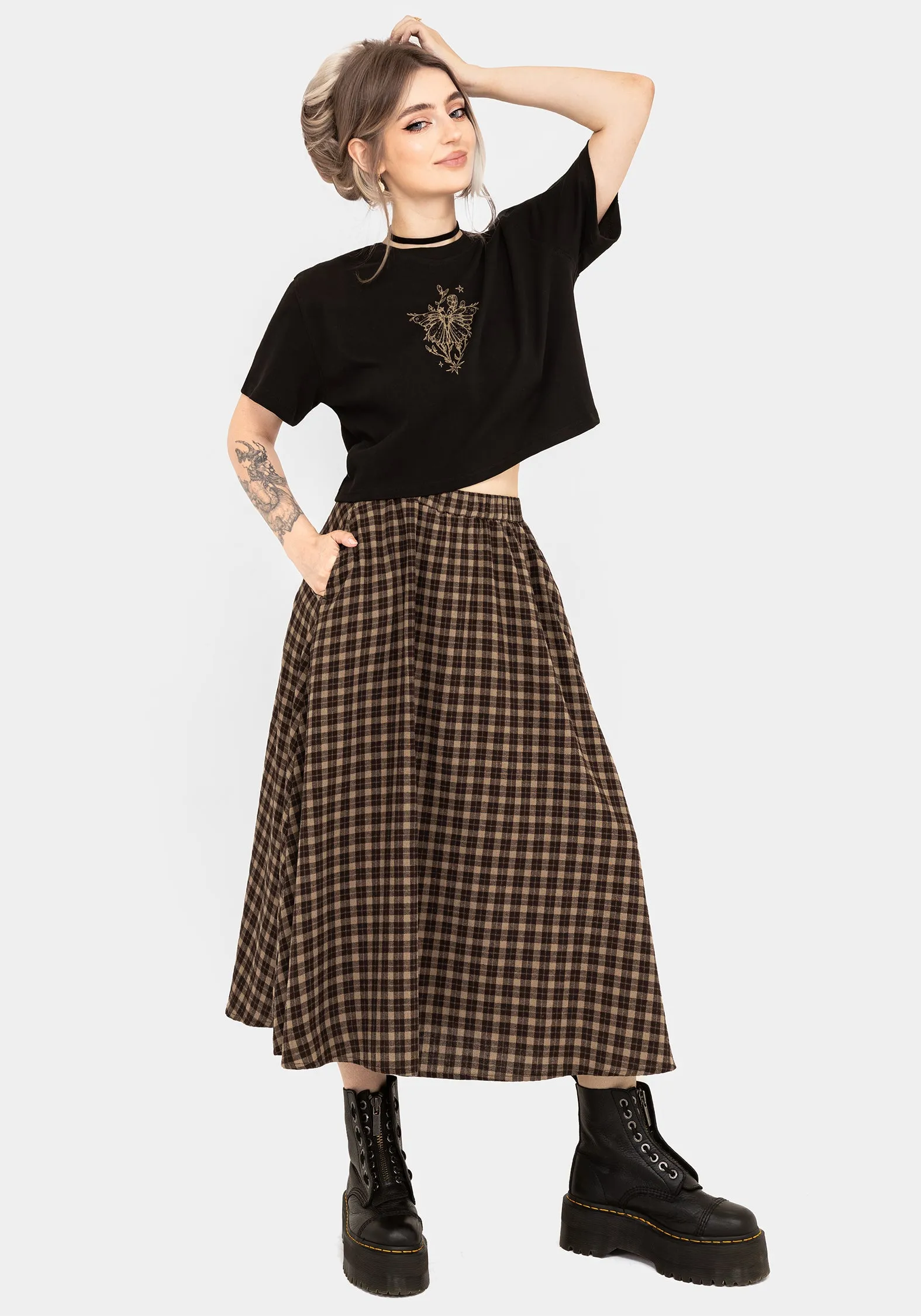 Terra Cotton Check Midi Skirt - Brown Waist Defining Side Slit