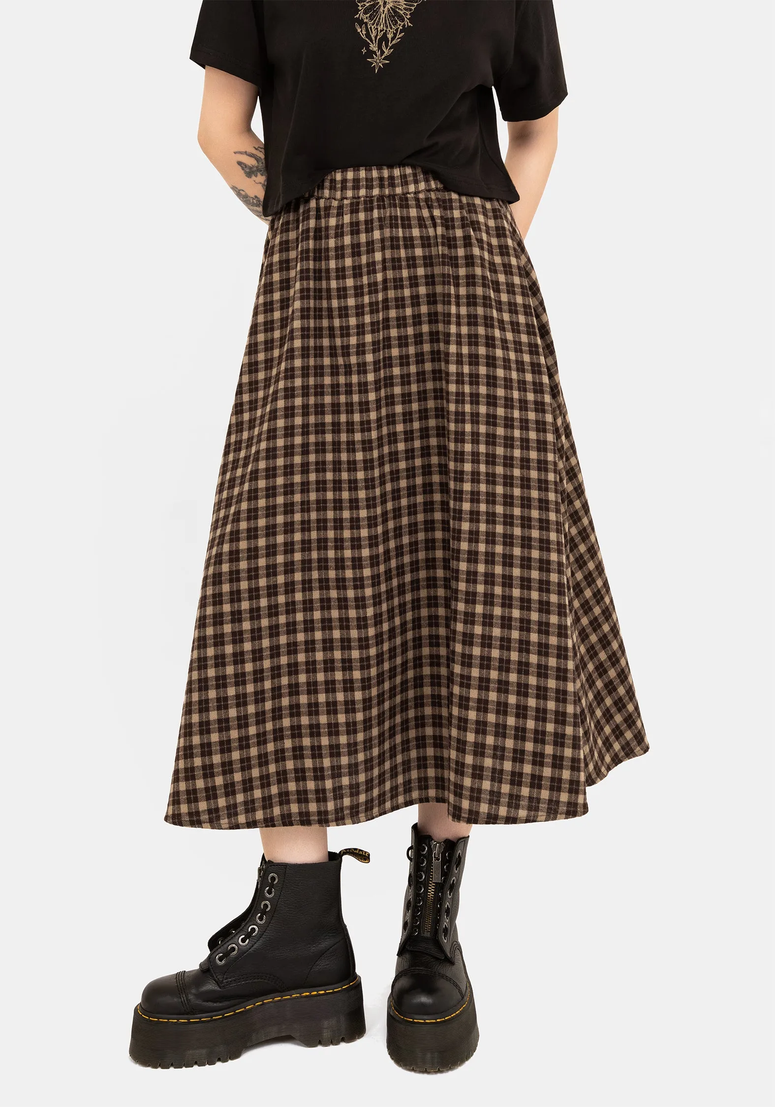 Relaxed Outfit Everyday Comfort Terra Cotton Check Midi Skirt - Brown