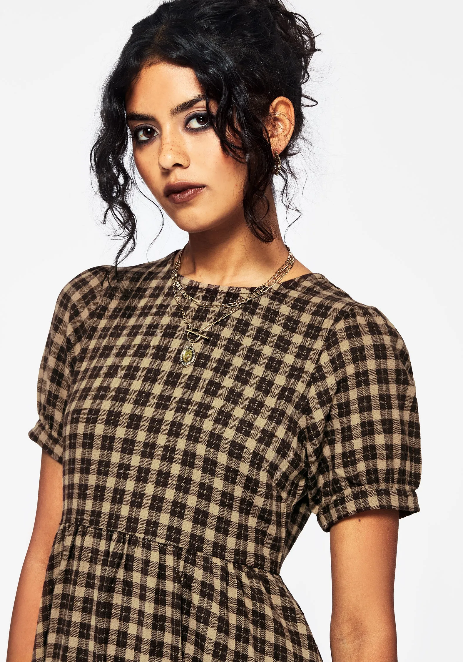 Travel Friendly Terra Cotton Check Smock Midaxi Dress - Brown