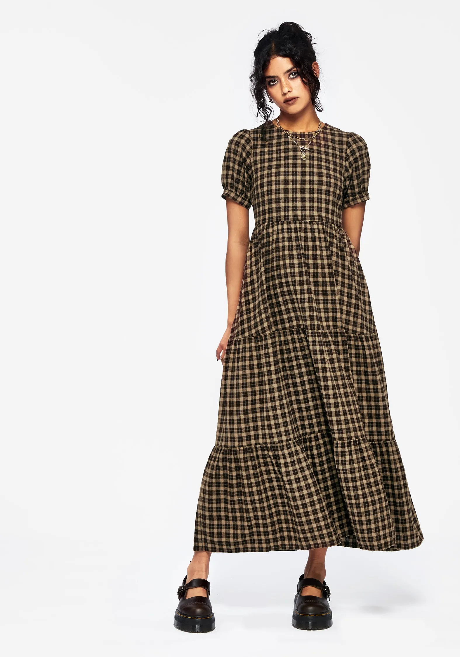 Flower Path Terra Cotton Check Smock Midaxi Dress - Brown
