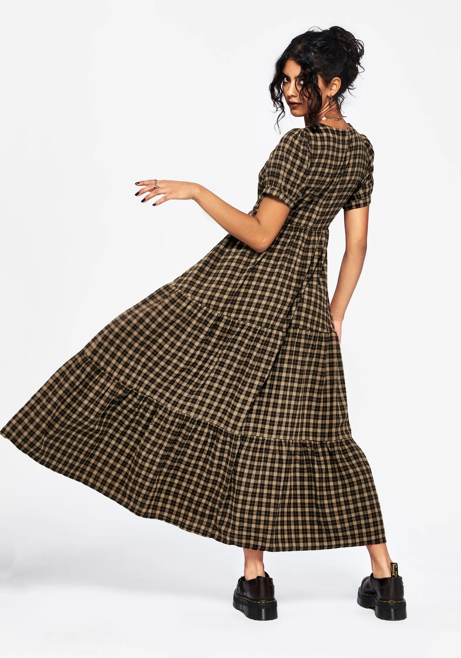 Terra Cotton Check Smock Midaxi Dress - Brown Simple Style