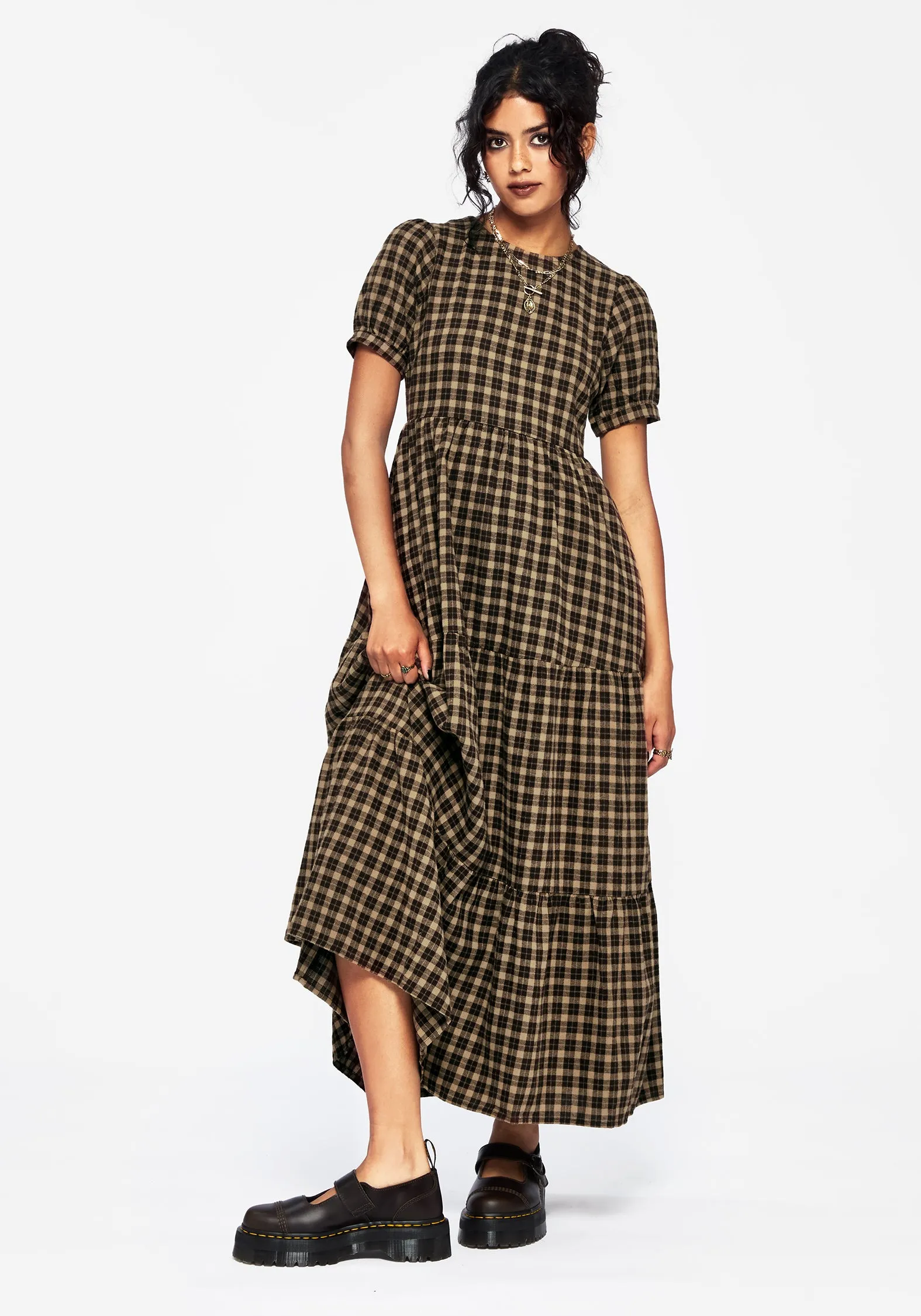Gender Inclusive Easy Fit Terra Cotton Check Smock Midaxi Dress - Brown
