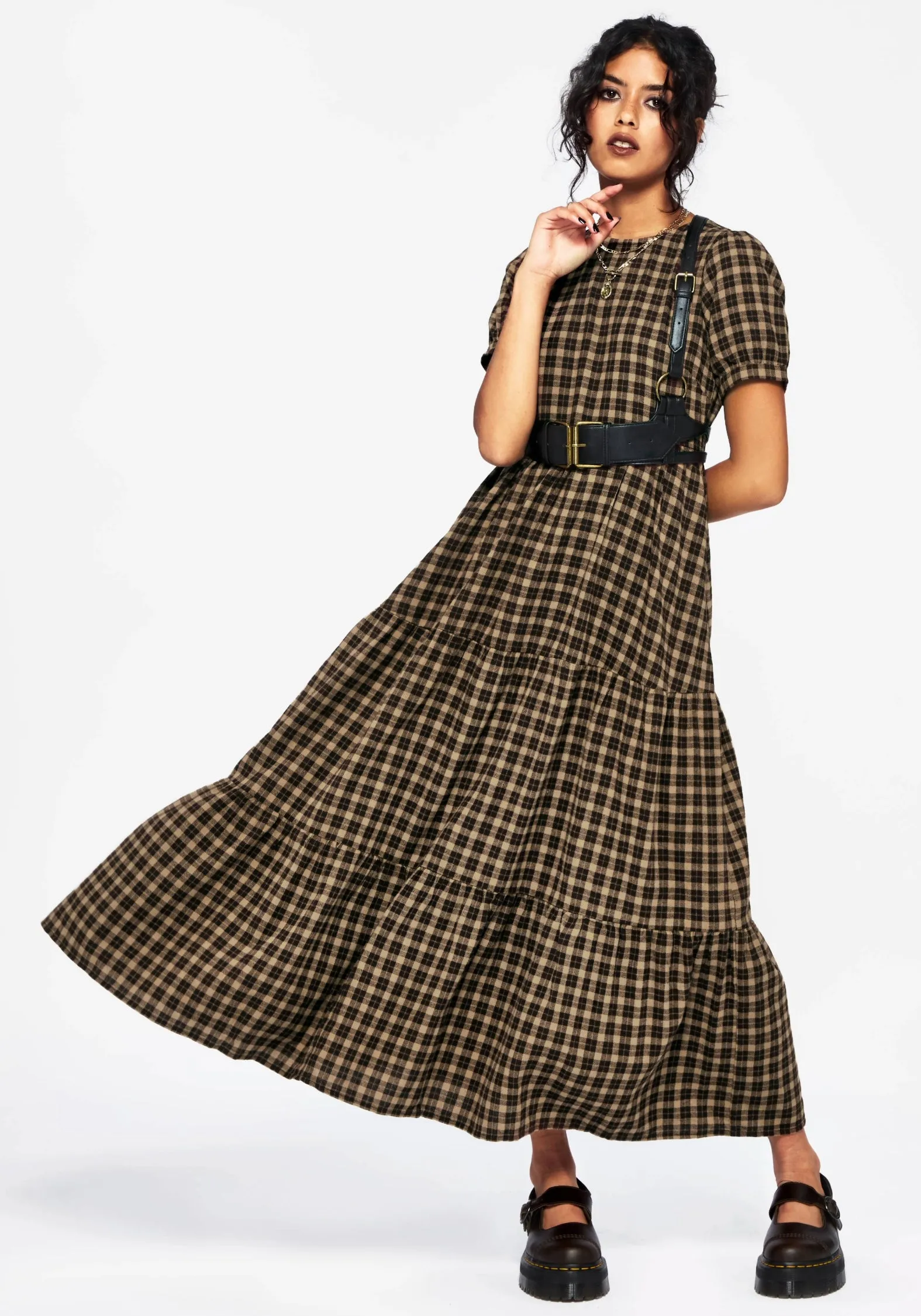 Terra Cotton Check Smock Midaxi Dress - Brown Relaxed and Effortless