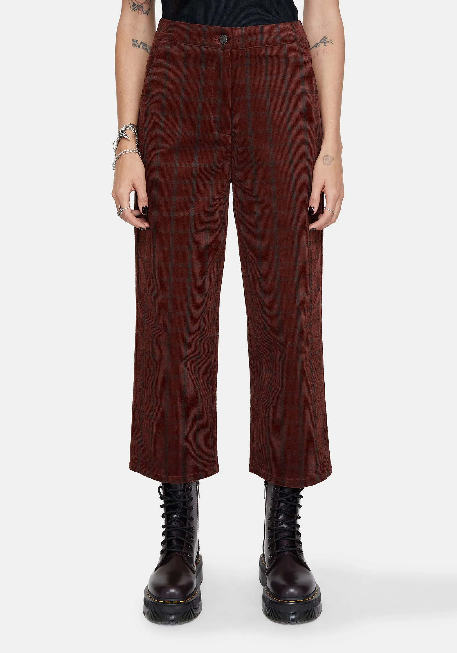 Comfort Fit Terracotta Cotton Cord Check Straight Leg Crop Trousers