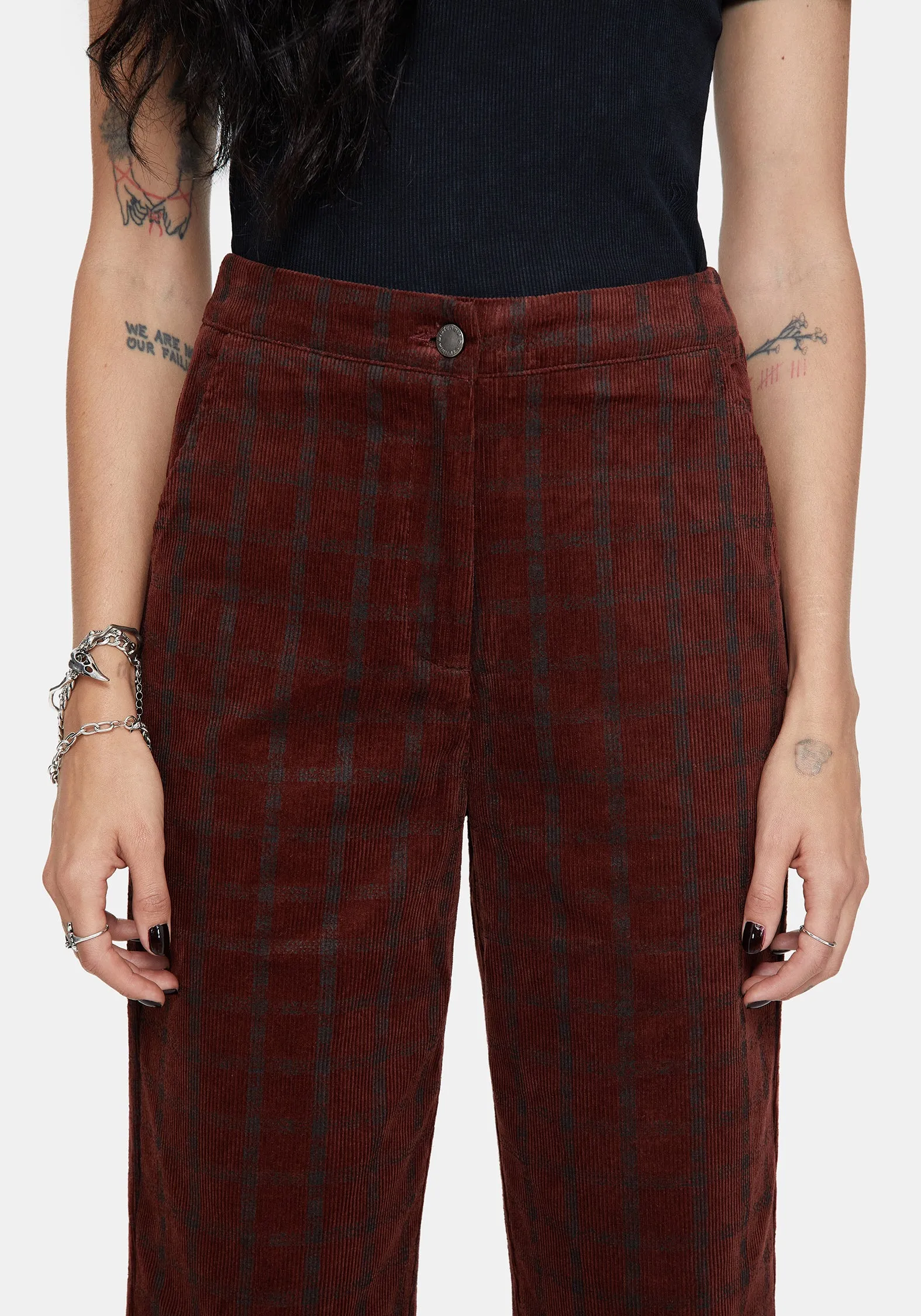 Terracotta Cotton Cord Check Straight Leg Crop Trousers Outfit Display