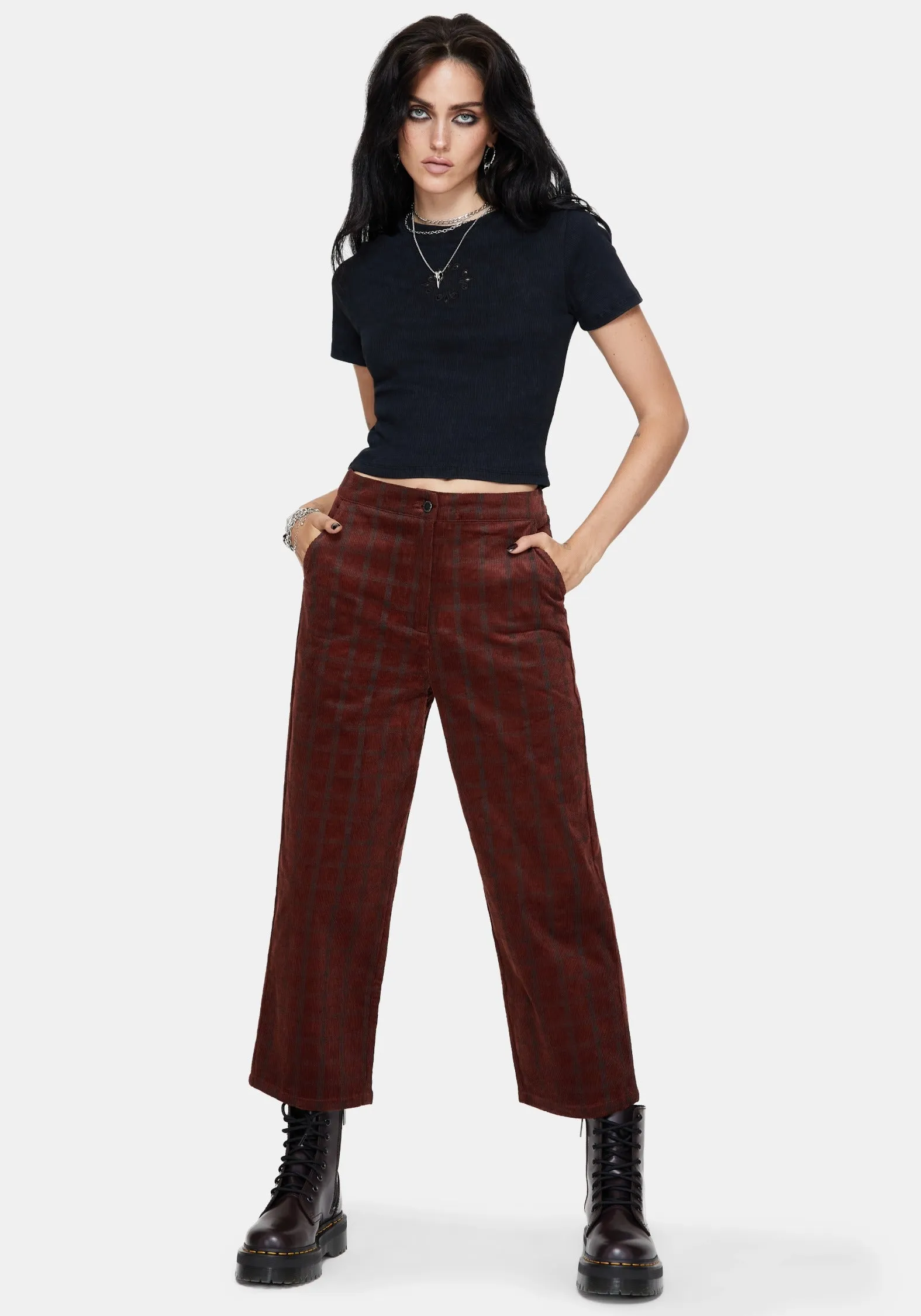 Terracotta Cotton Cord Check Straight Leg Crop Trousers Easy Care Smooth Finish