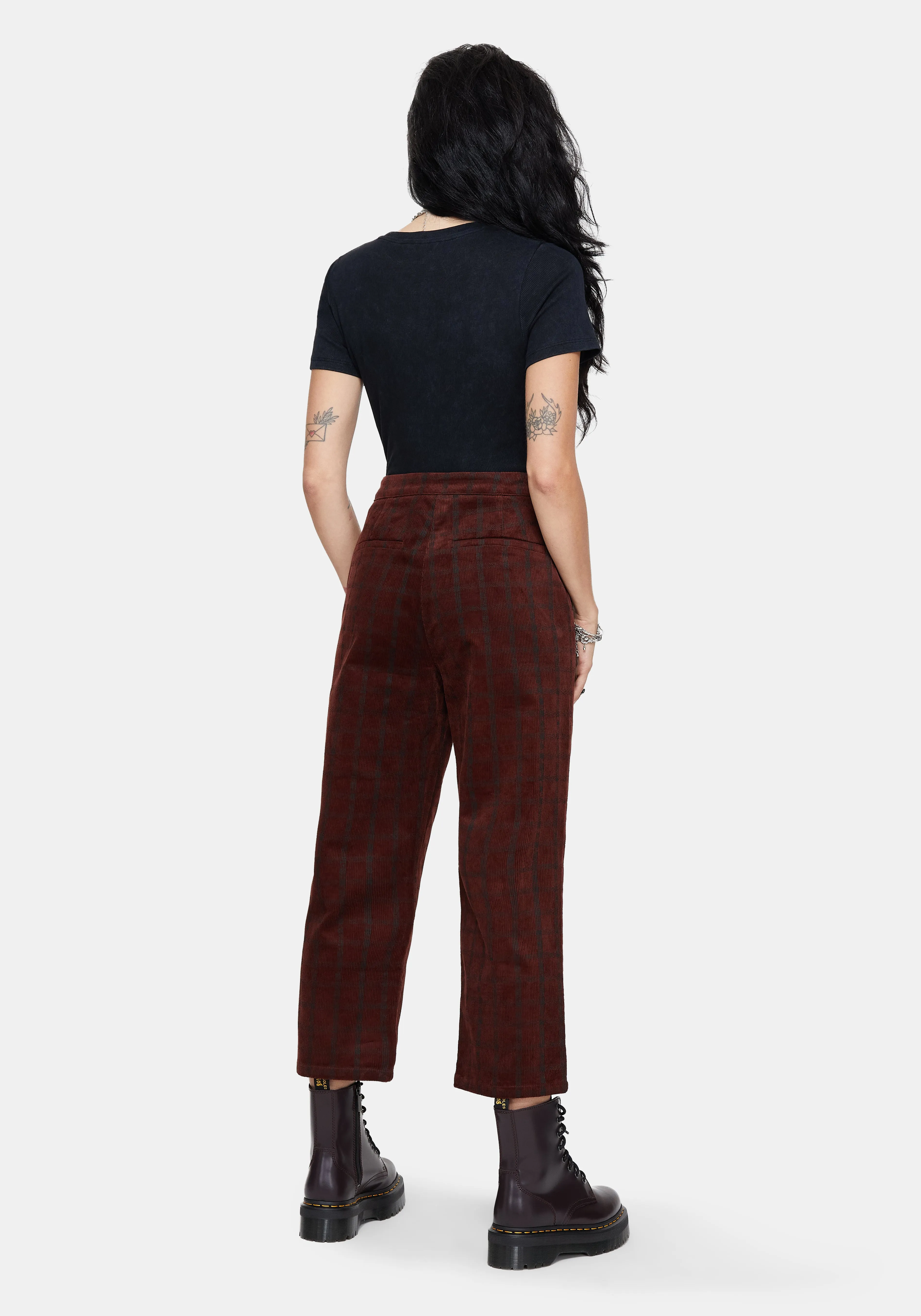 Relaxed Mood Casual Edge Terracotta Cotton Cord Check Straight Leg Crop Trousers