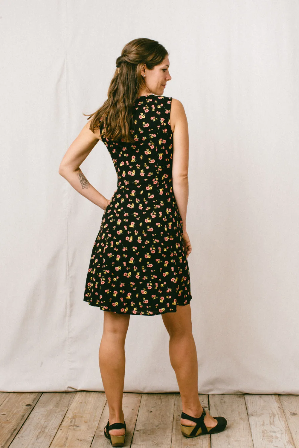Balanced Form Sleek Presence Thea Dress in Black Floral Challis