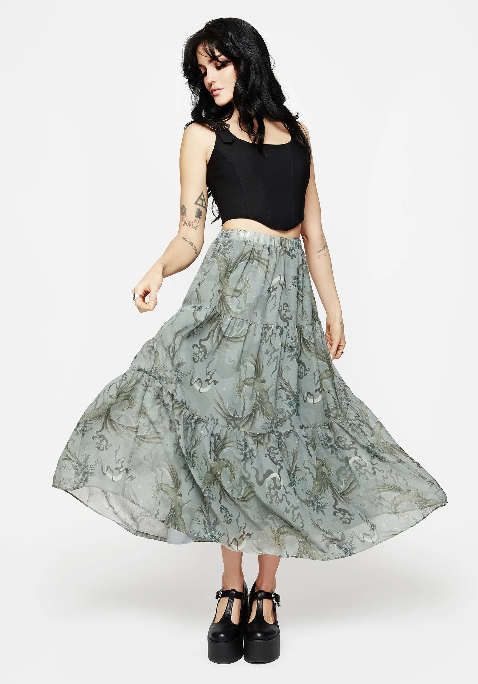 Breezy Flow Sapphira Dragon Print Chiffon Tiered Maxi Skirt
