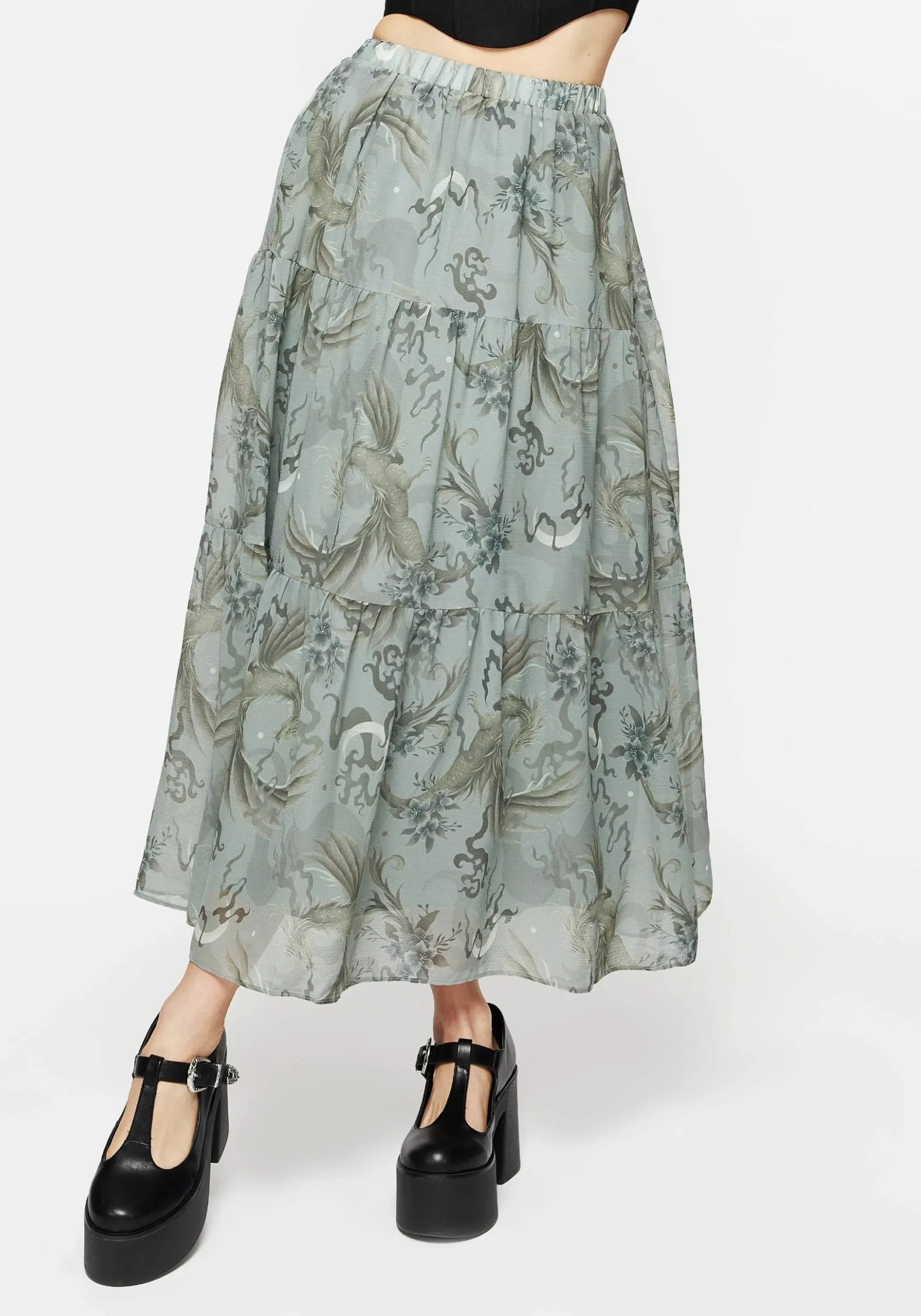 Flow Look Light Wear Sapphira Dragon Print Chiffon Tiered Maxi Skirt