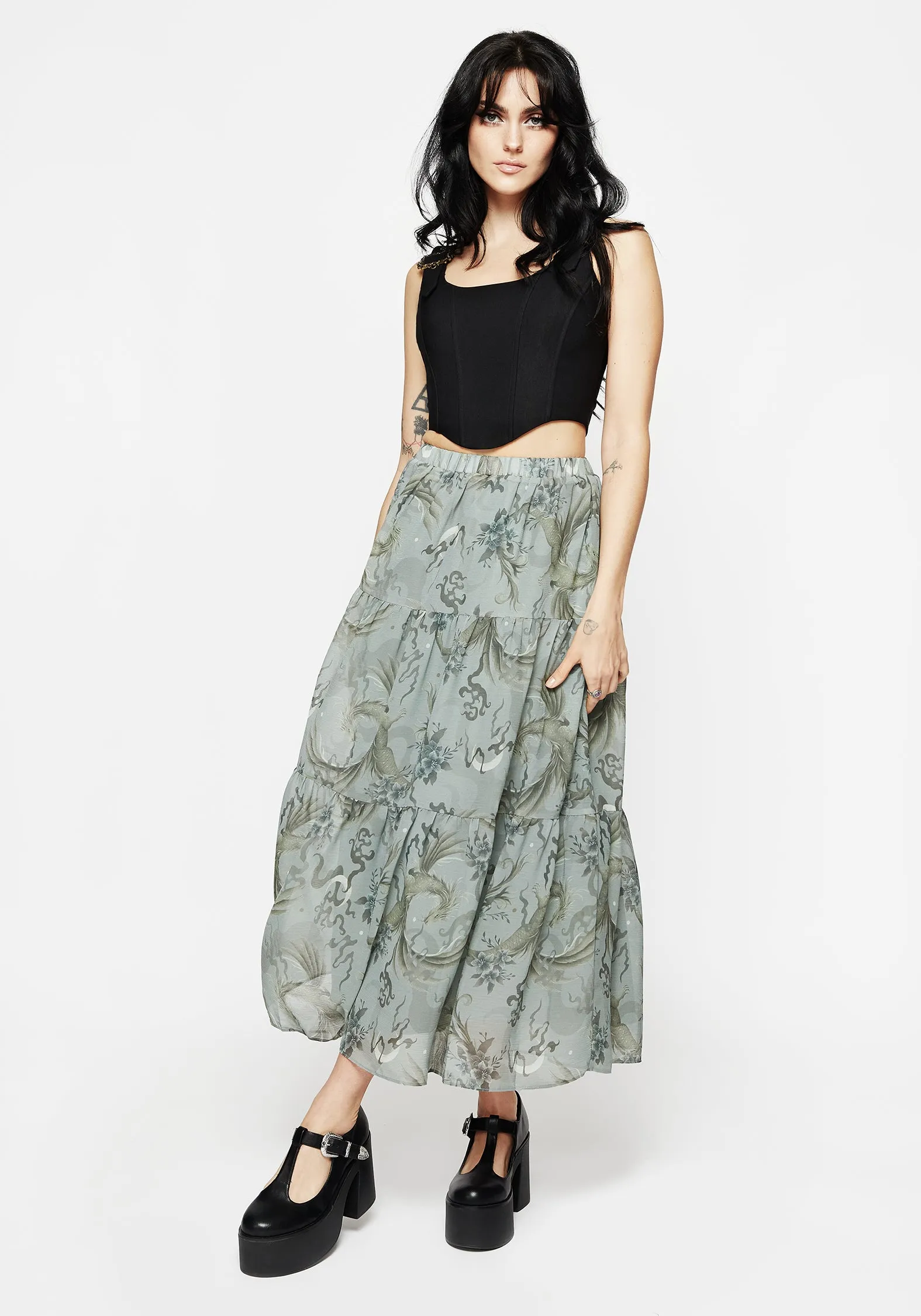 Button Details Sapphira Dragon Print Chiffon Tiered Maxi Skirt
