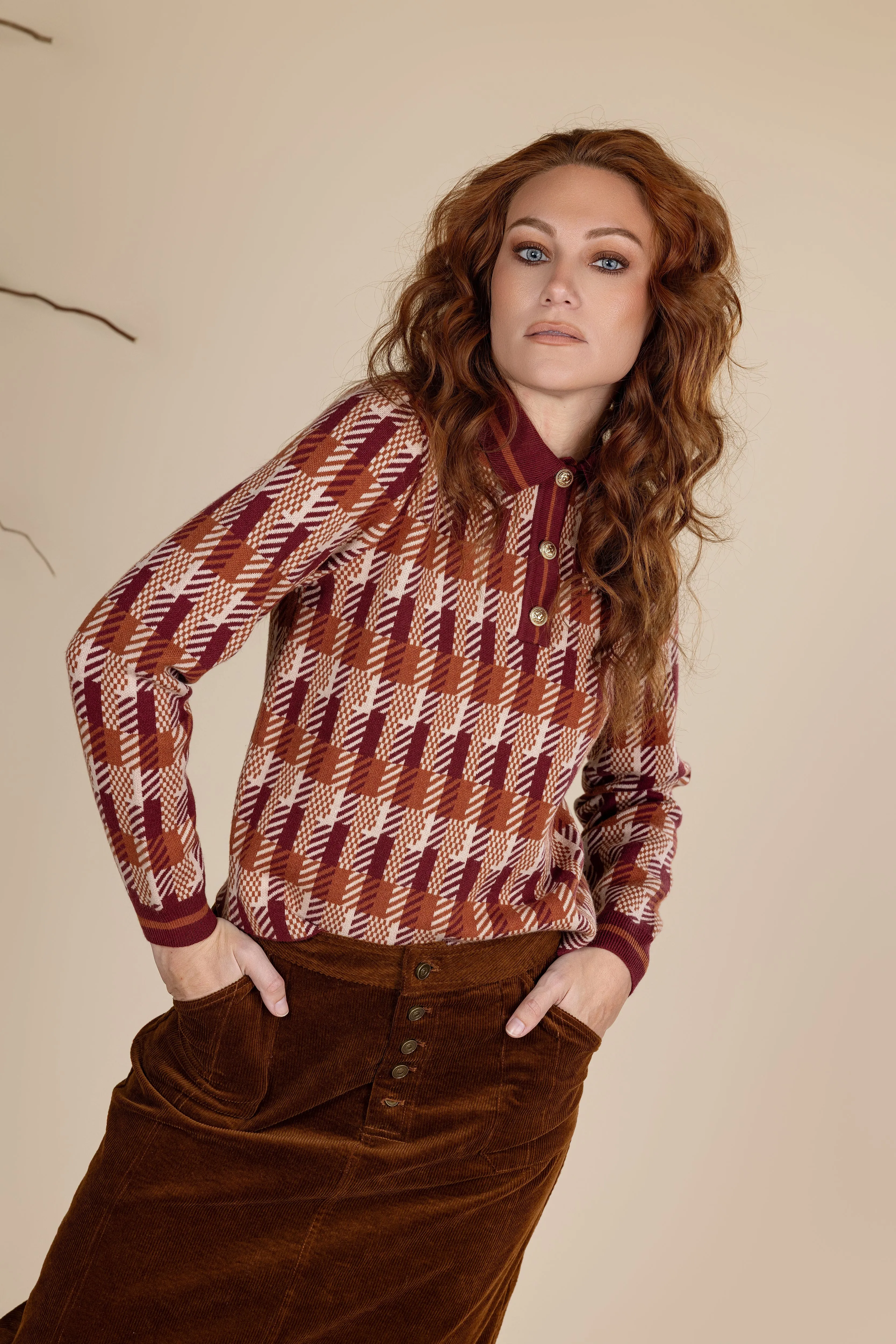 Knit Plaid Polo Top Winter-Ready Knit