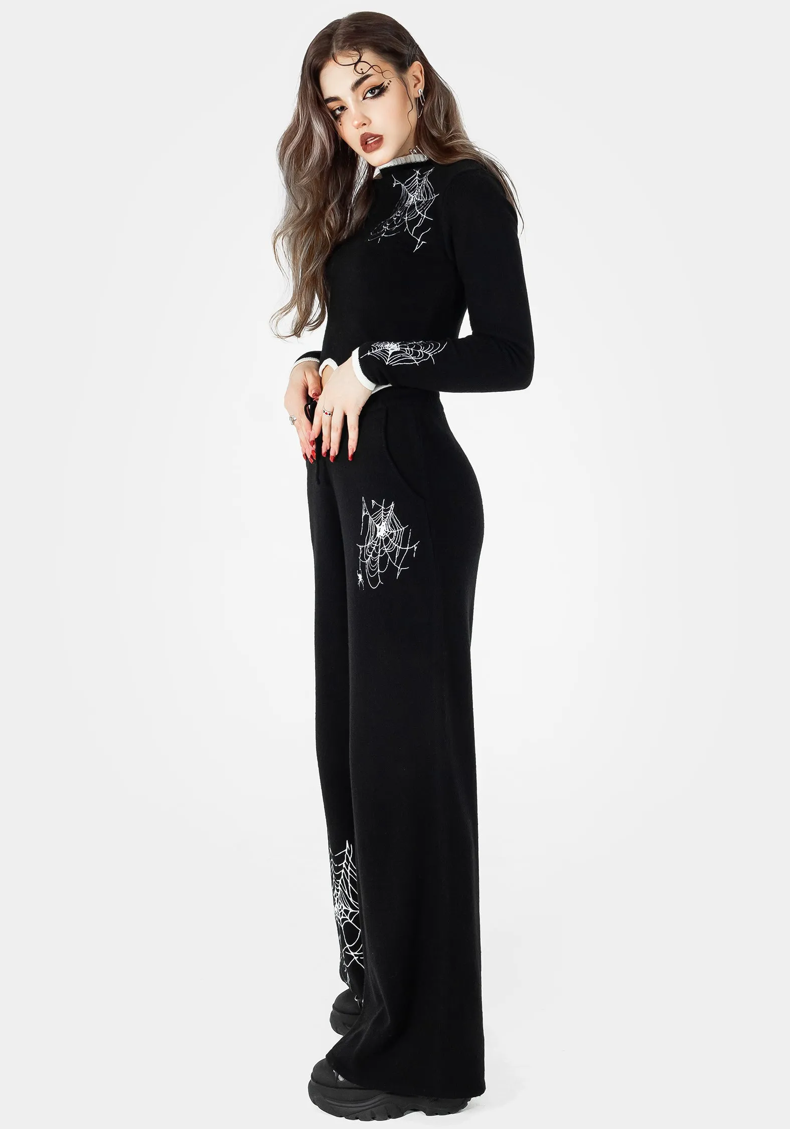 Thermal Lined Cuffs Layered Look Araneae Embroidered Wide Leg Knit Joggers