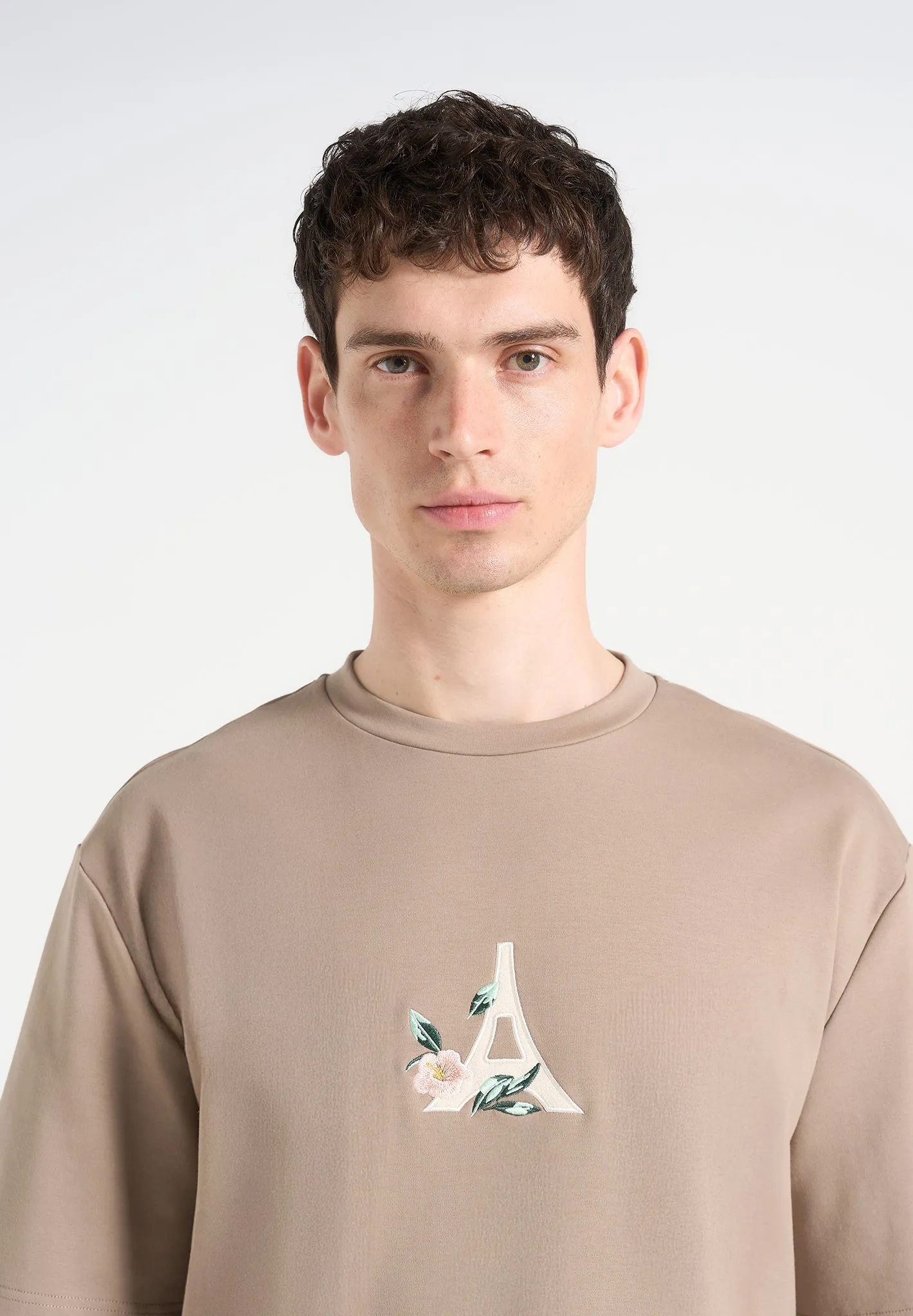 Thierry - Floral Eiffel Cotton T-Shirt - Taupe Graphic Art Button-up