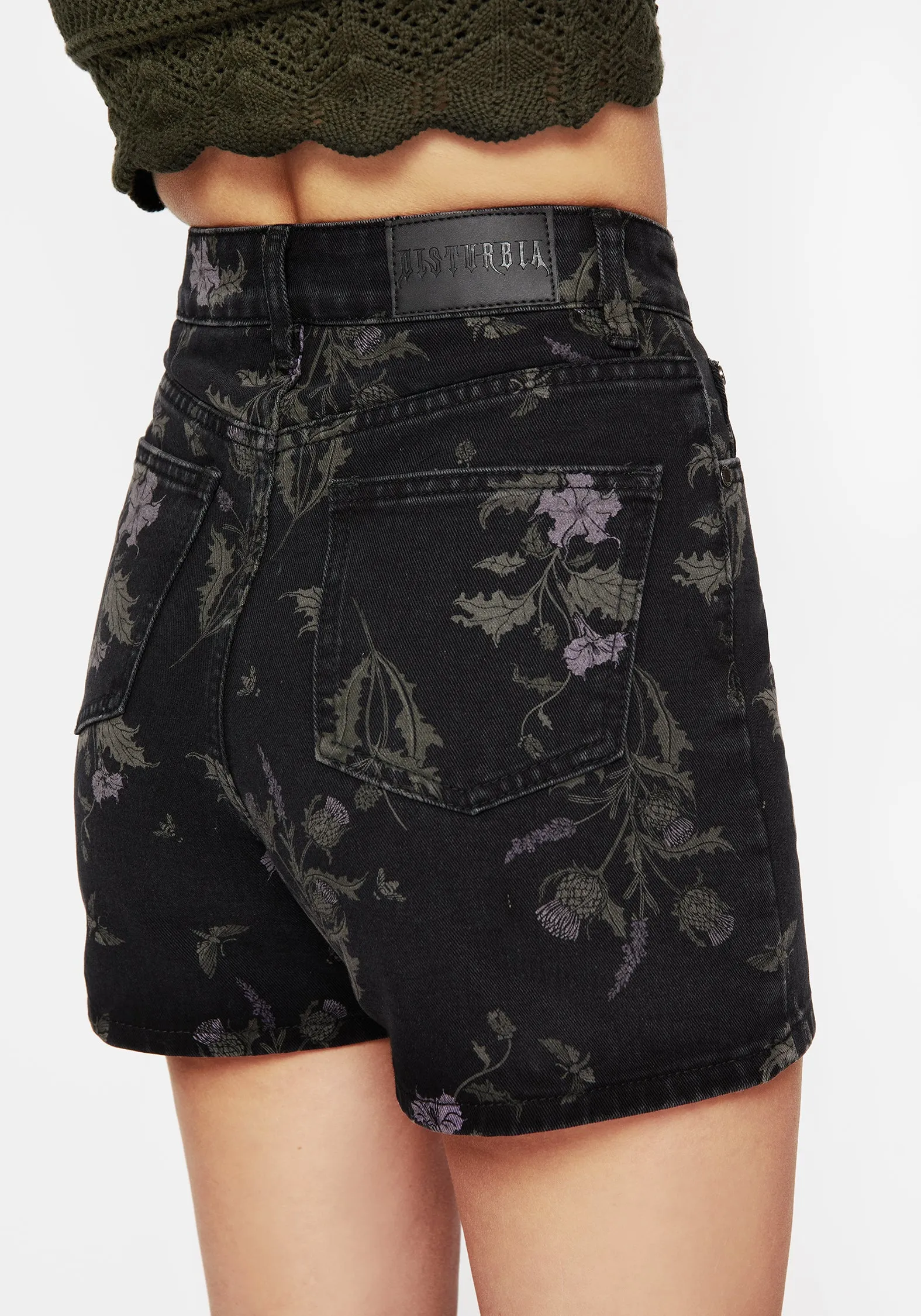 Thistle Floral Print Denim Shorts Non Slip Waist