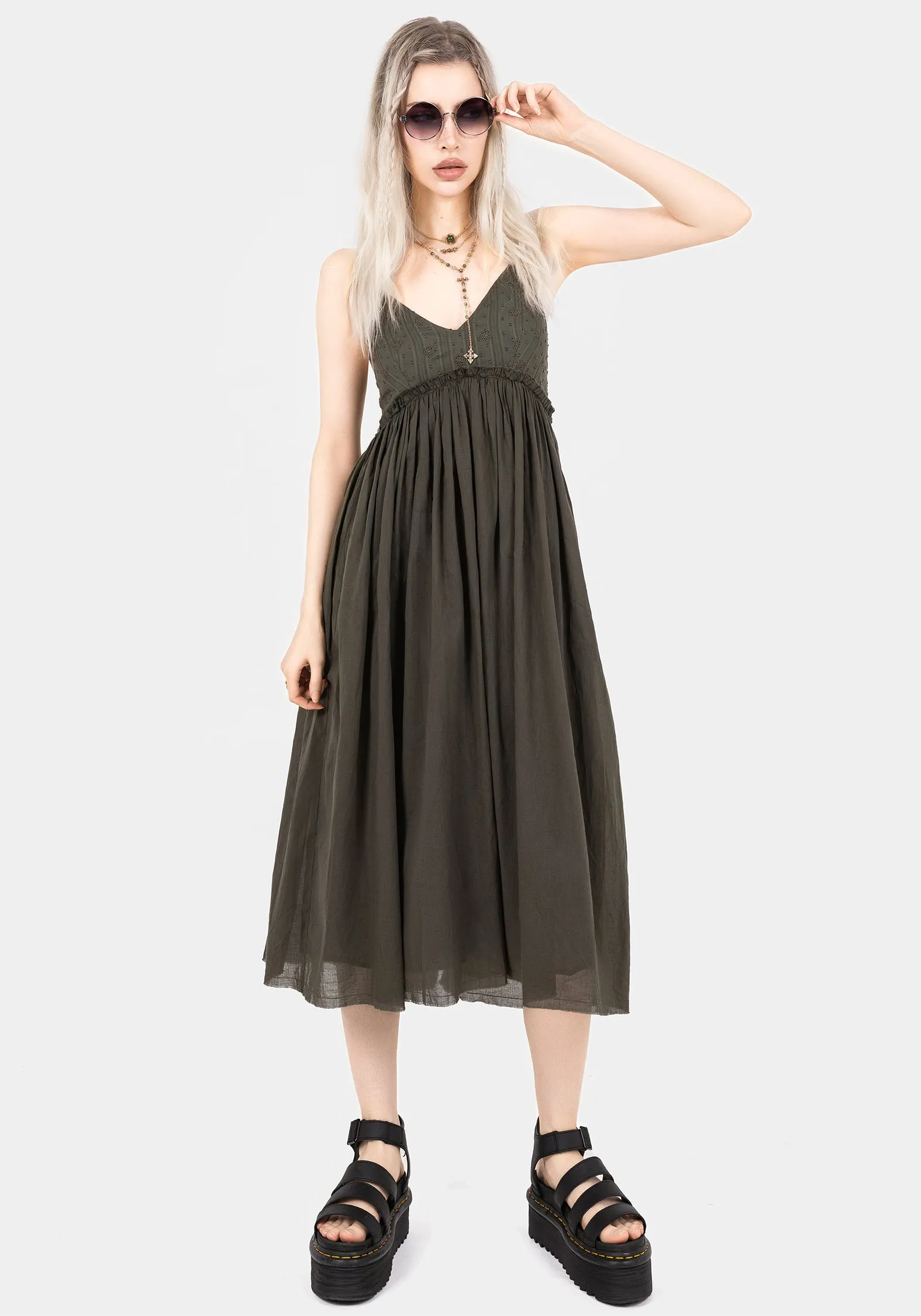 Air Comfort Bless Glow Thyme Cotton Plunge Neck Cami Midi Dress