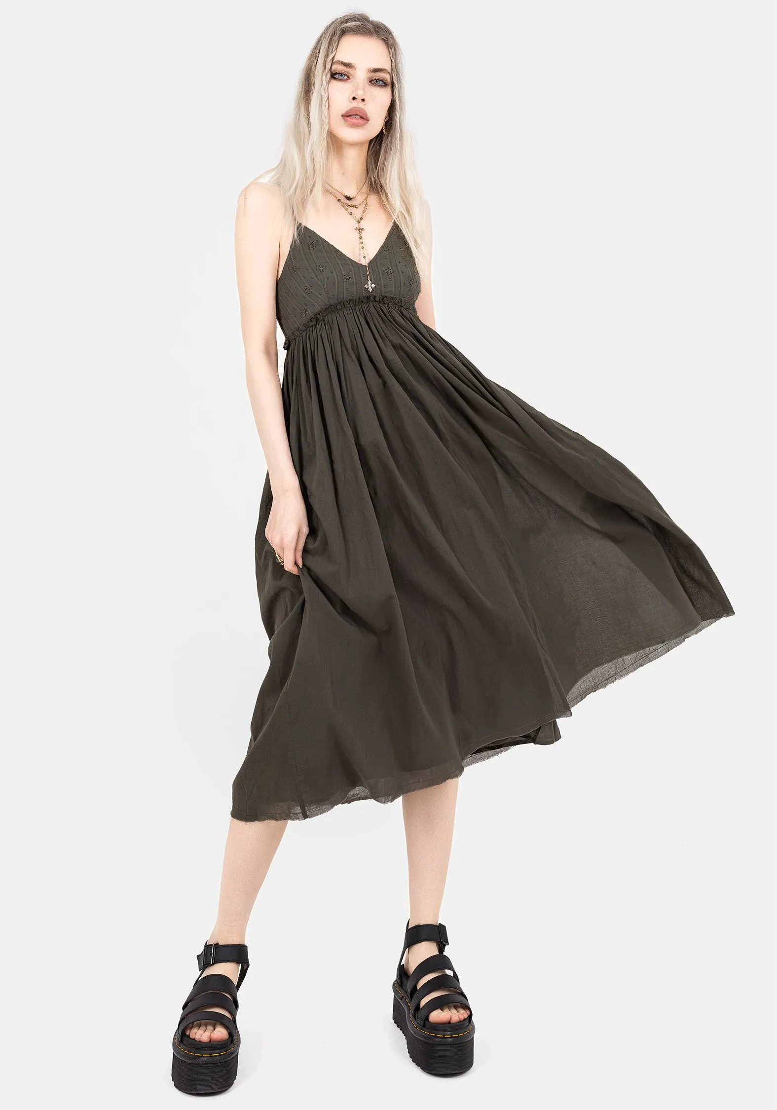 Minimal Touch Thyme Cotton Plunge Neck Cami Midi Dress