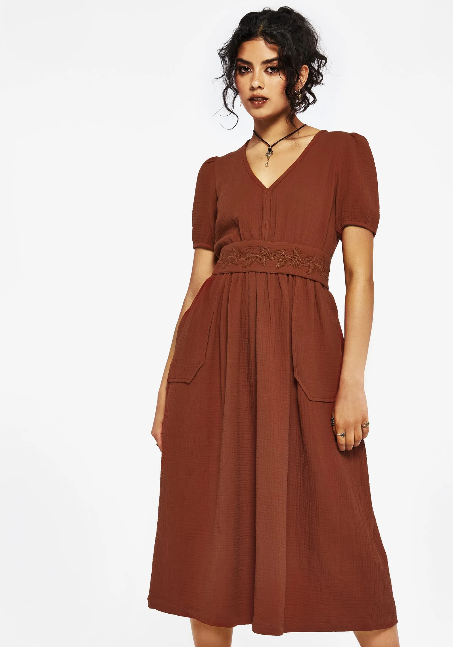 Tiana Cotton Applique Trim Midi Dress Versatile Silhouettes