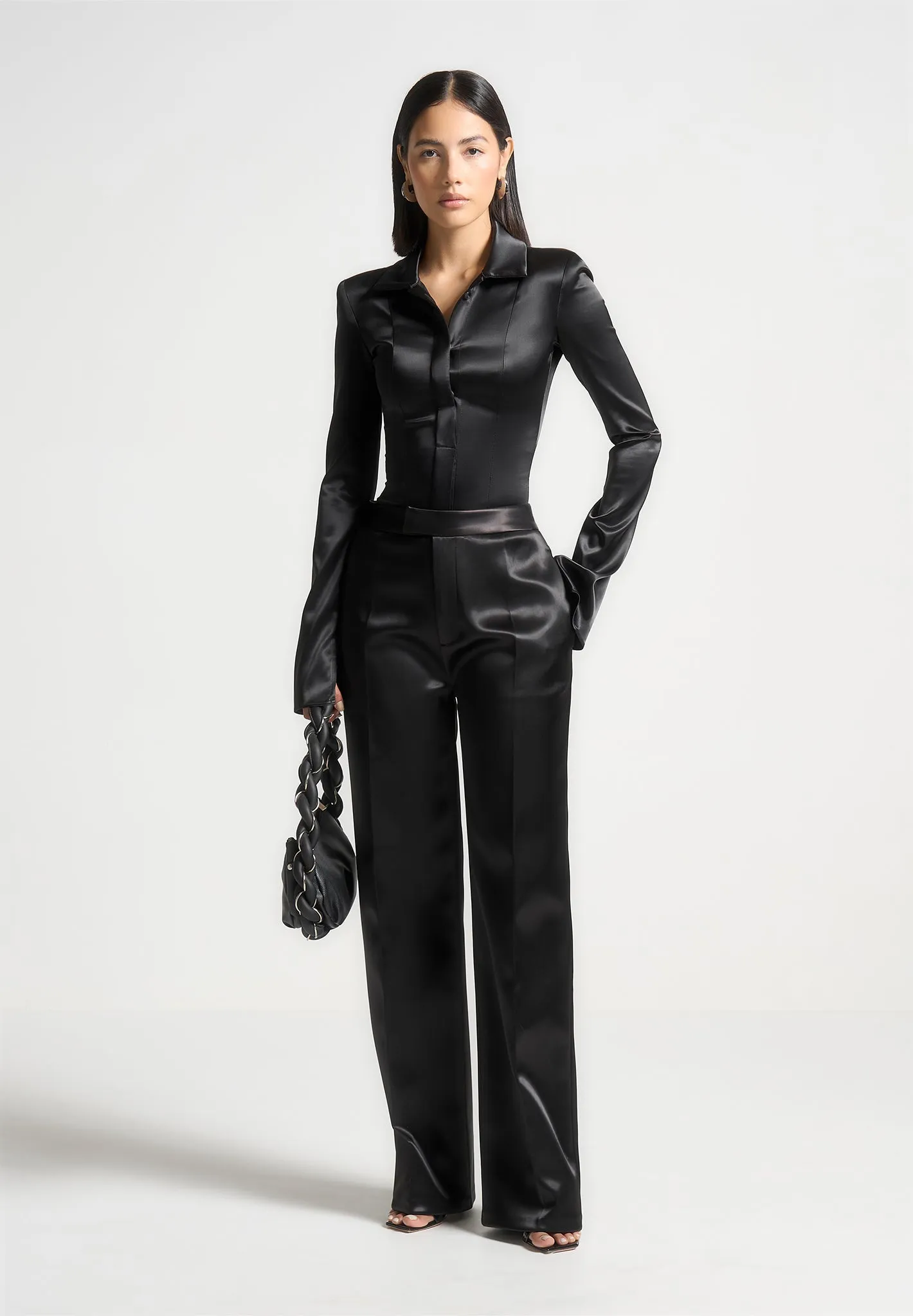 Louise - Wide Shoulder Satin Shirt Bodysuit - Black Stylish Comfort Relaxed Outfit