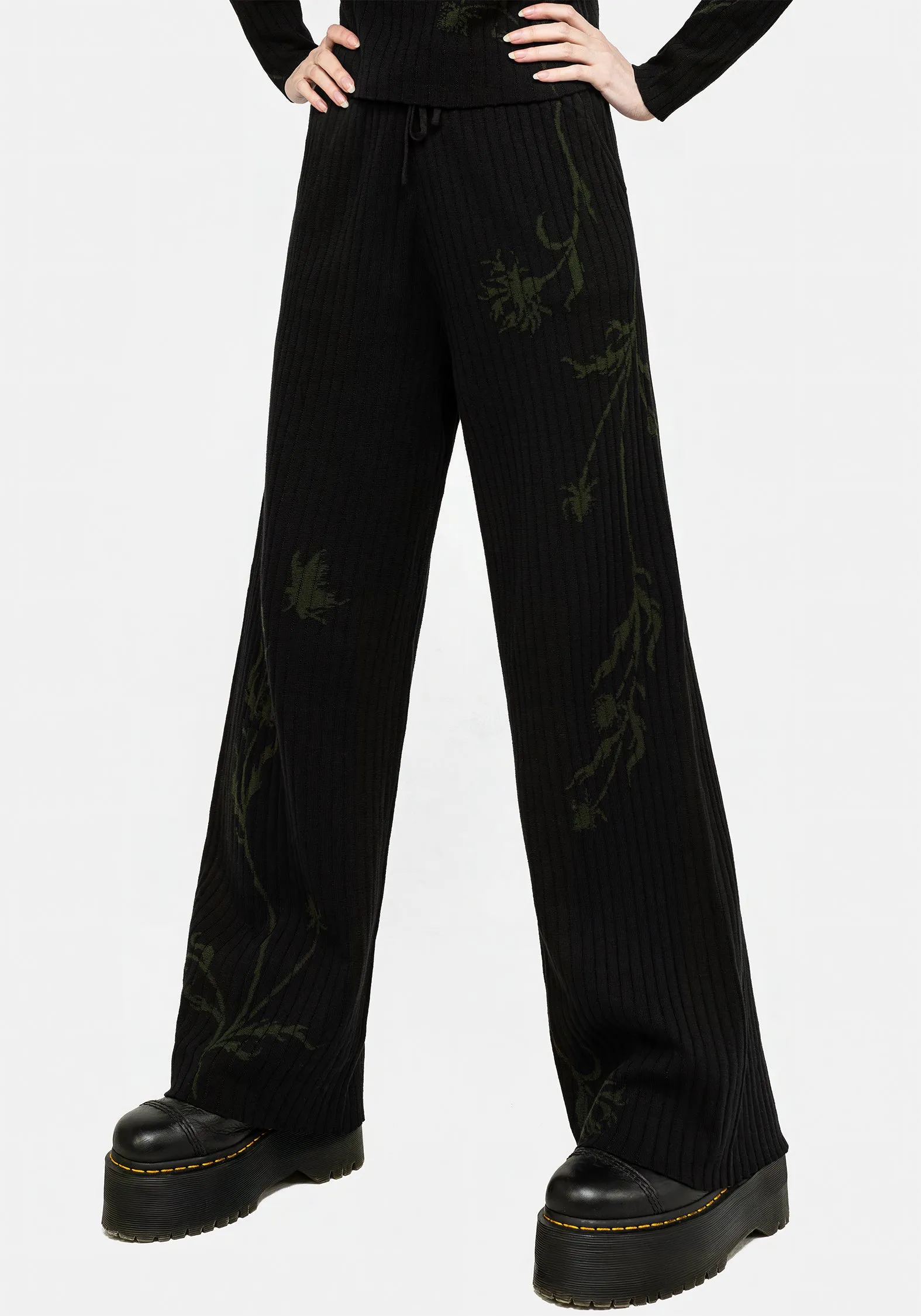 Indoor Layer Diastella Floral Jacquard Rib Knit Trousers