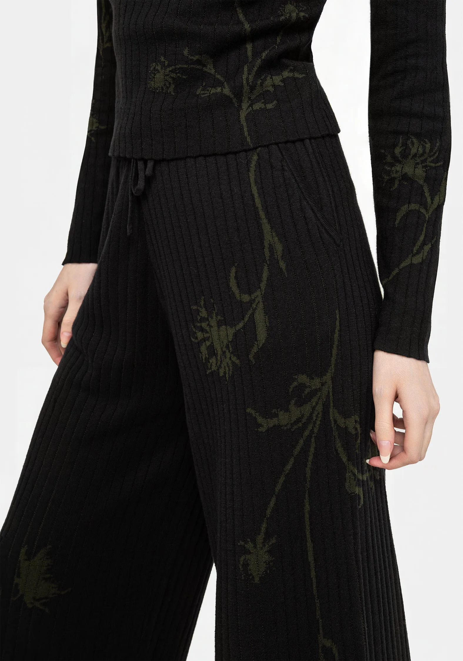 Diastella Floral Jacquard Rib Knit Trousers Breathable