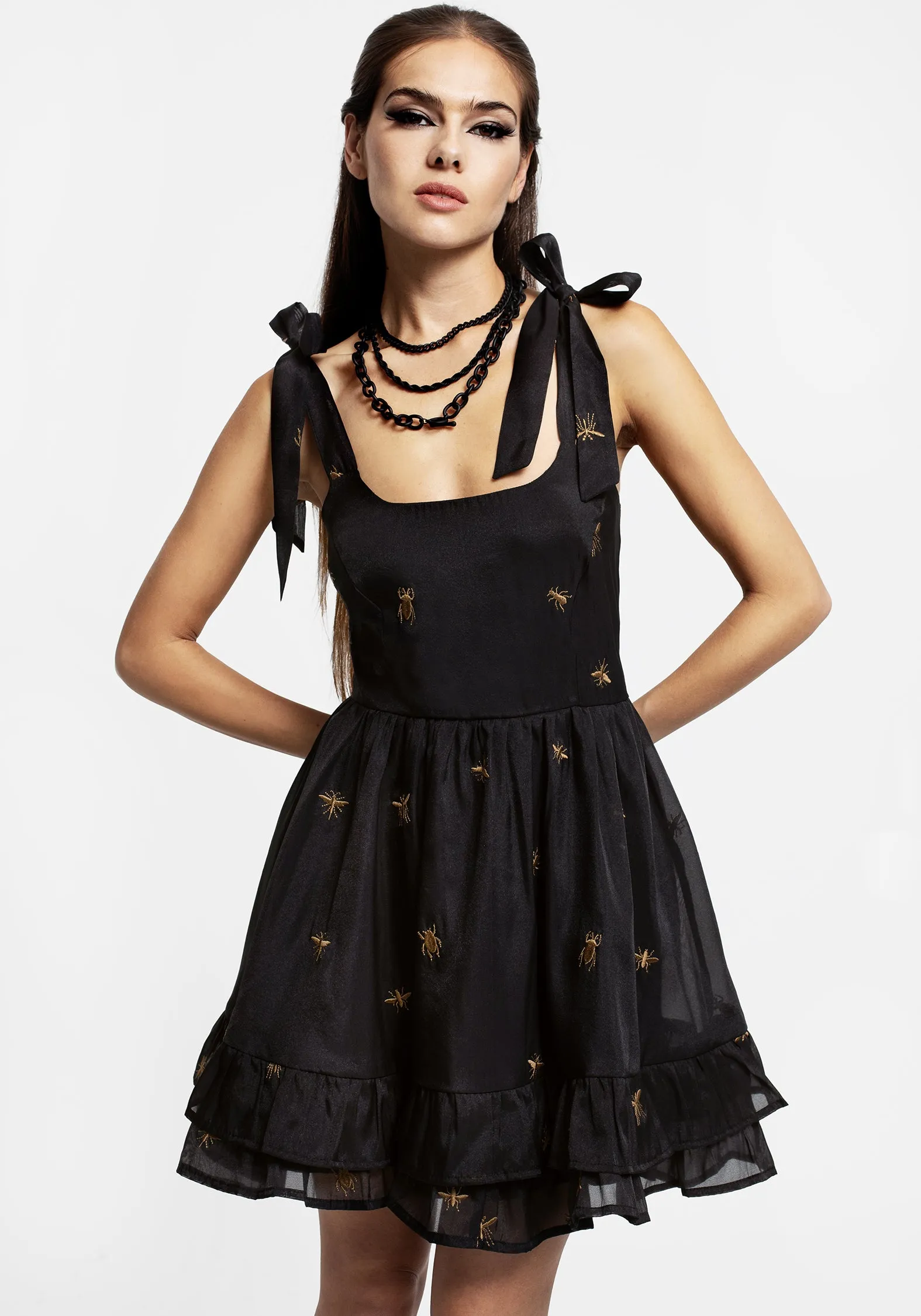 Anniversary-Event Velvet-Edge Insectarium Embroidered Organza Tiered Corset Mini Dress