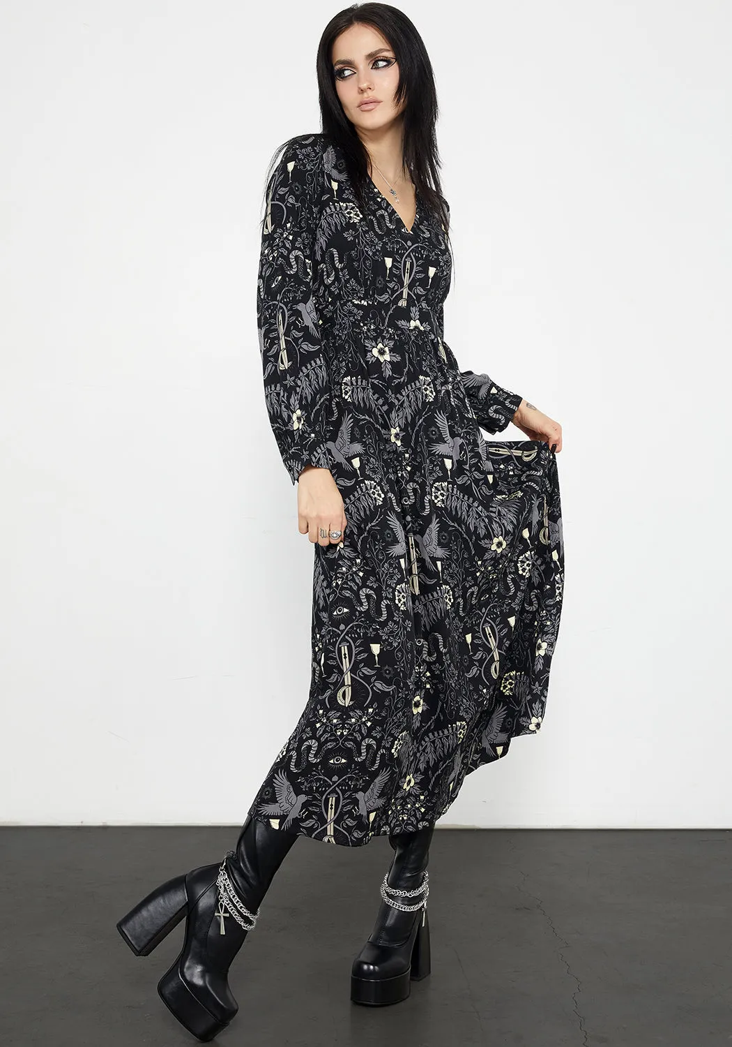 Hecate's Garden Long Sleeve Midaxi Dress Daytime Look Party Perfect