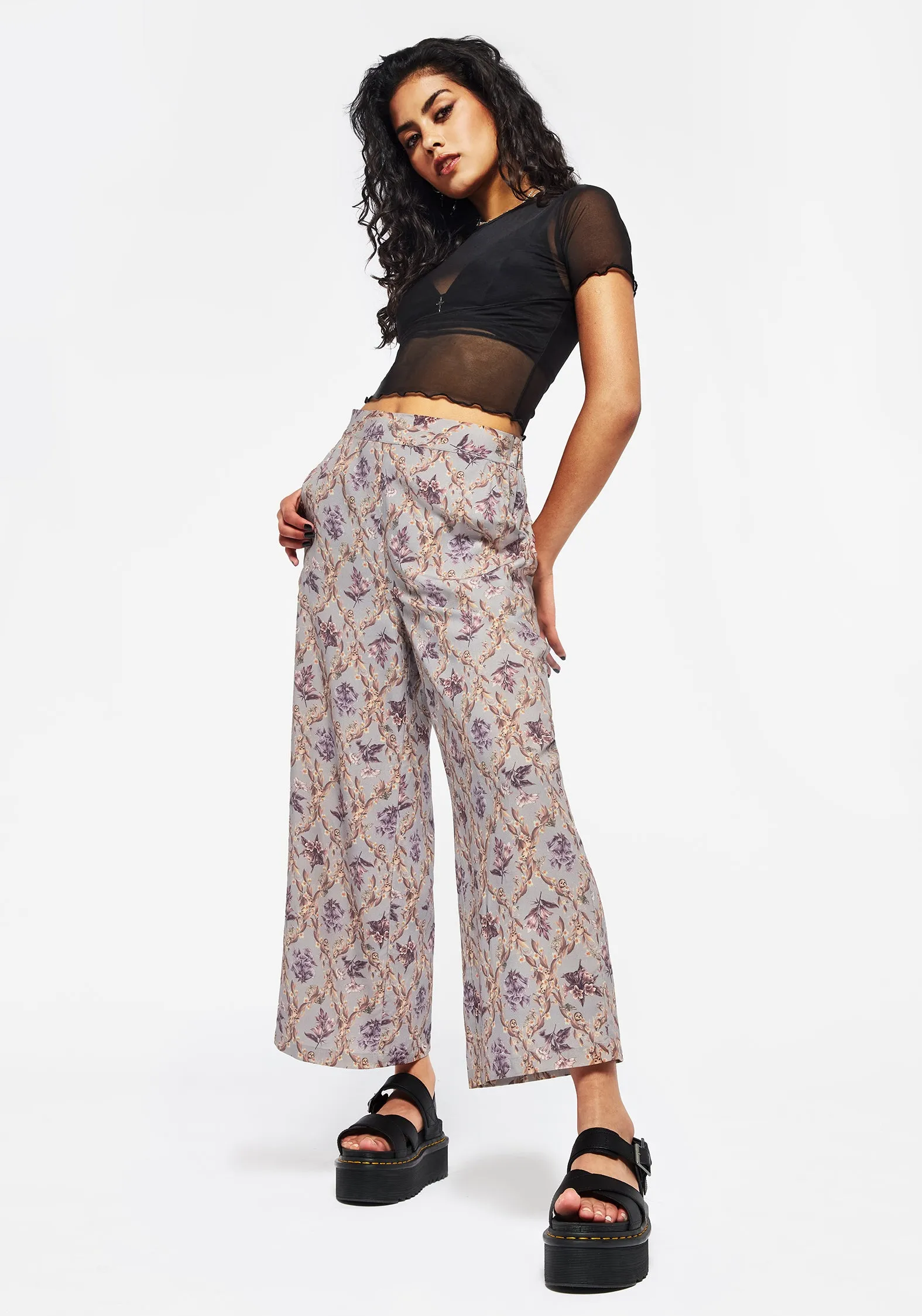 Lightweight Lining Timeless Trend Blossom Floral Tile Printed Wide Leg Culotte Trousers