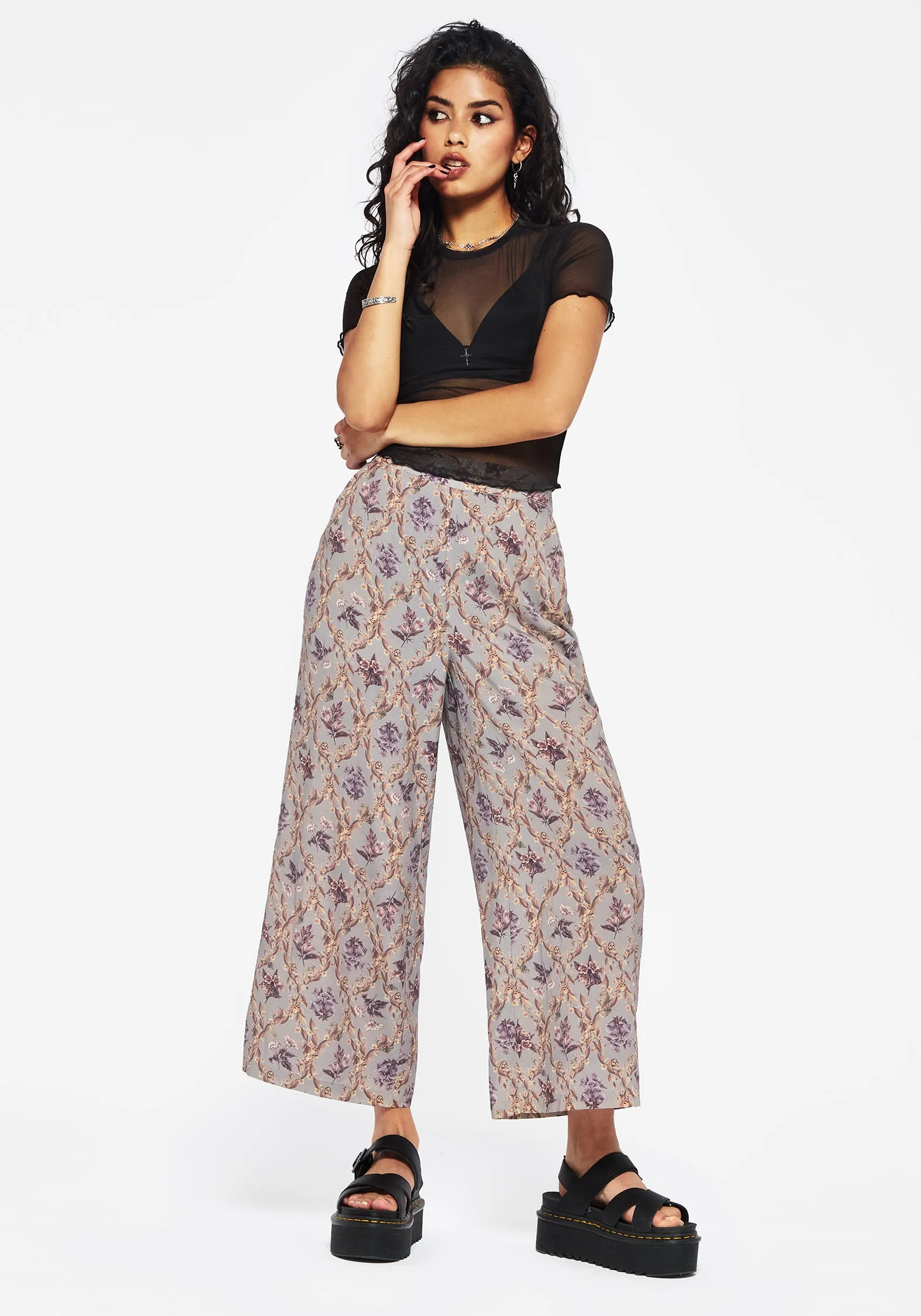 Comfort Wear Tiered Layers Blossom Floral Tile Printed Wide Leg Culotte Trousers
