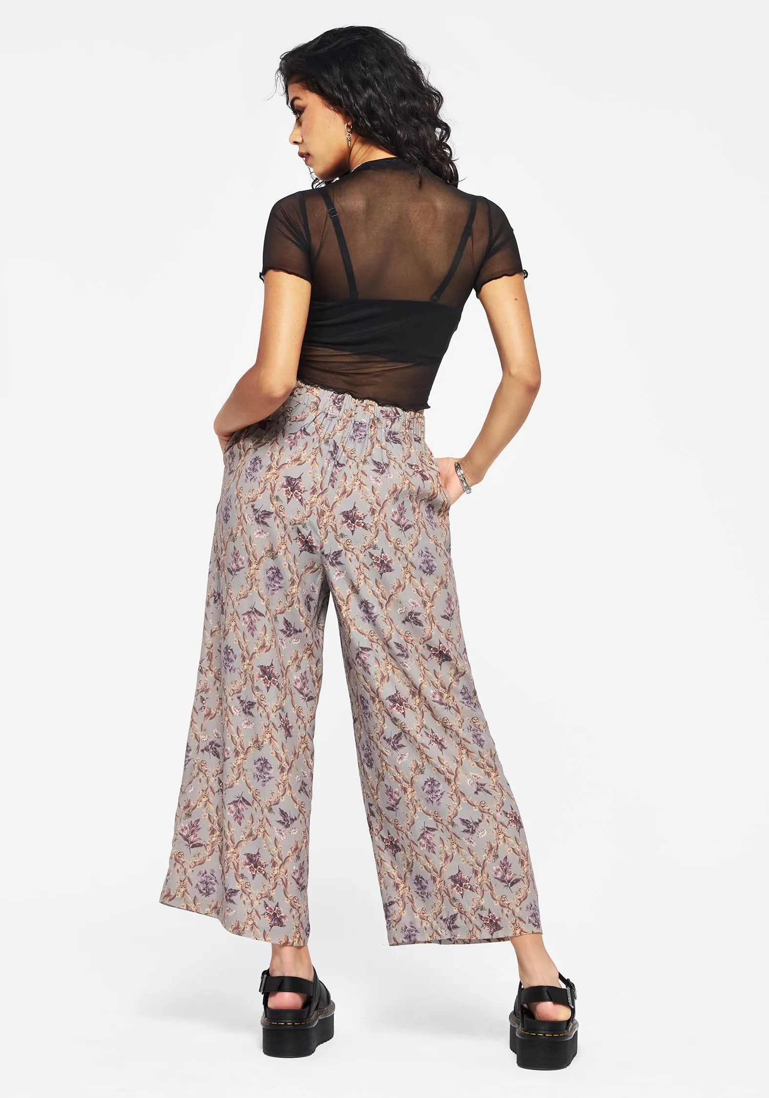 Retro Style Hidden Zipper Blossom Floral Tile Printed Wide Leg Culotte Trousers