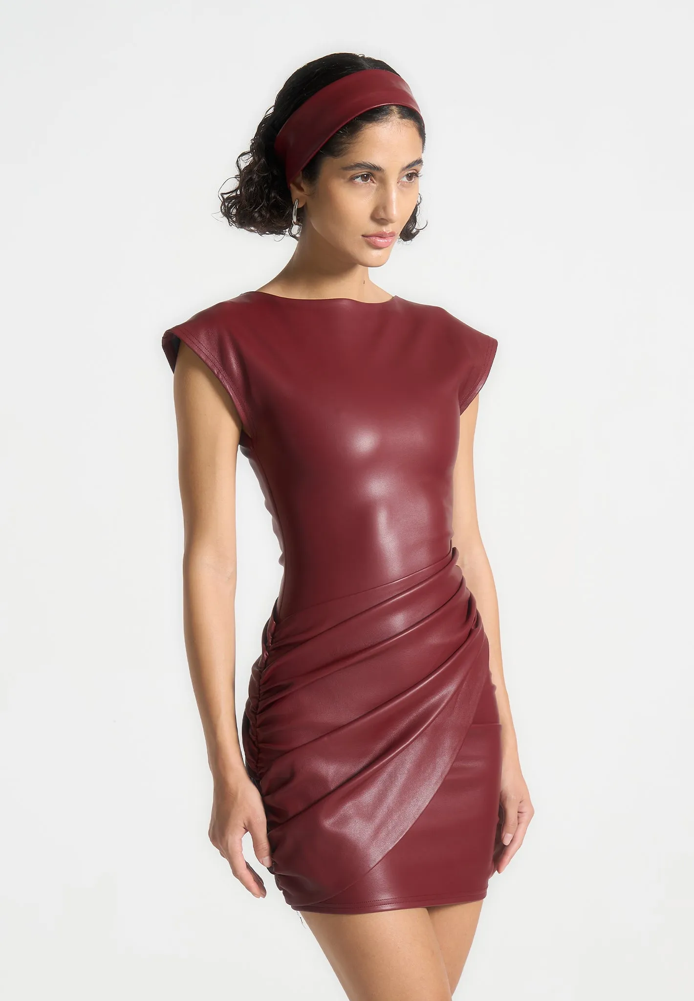 Tina - Leather Gathered Dress - Wine Red Feminine Touch Easy Flow