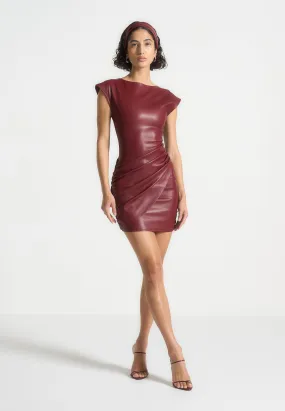 Tina - Leather Gathered Dress - Wine Red Silk Air