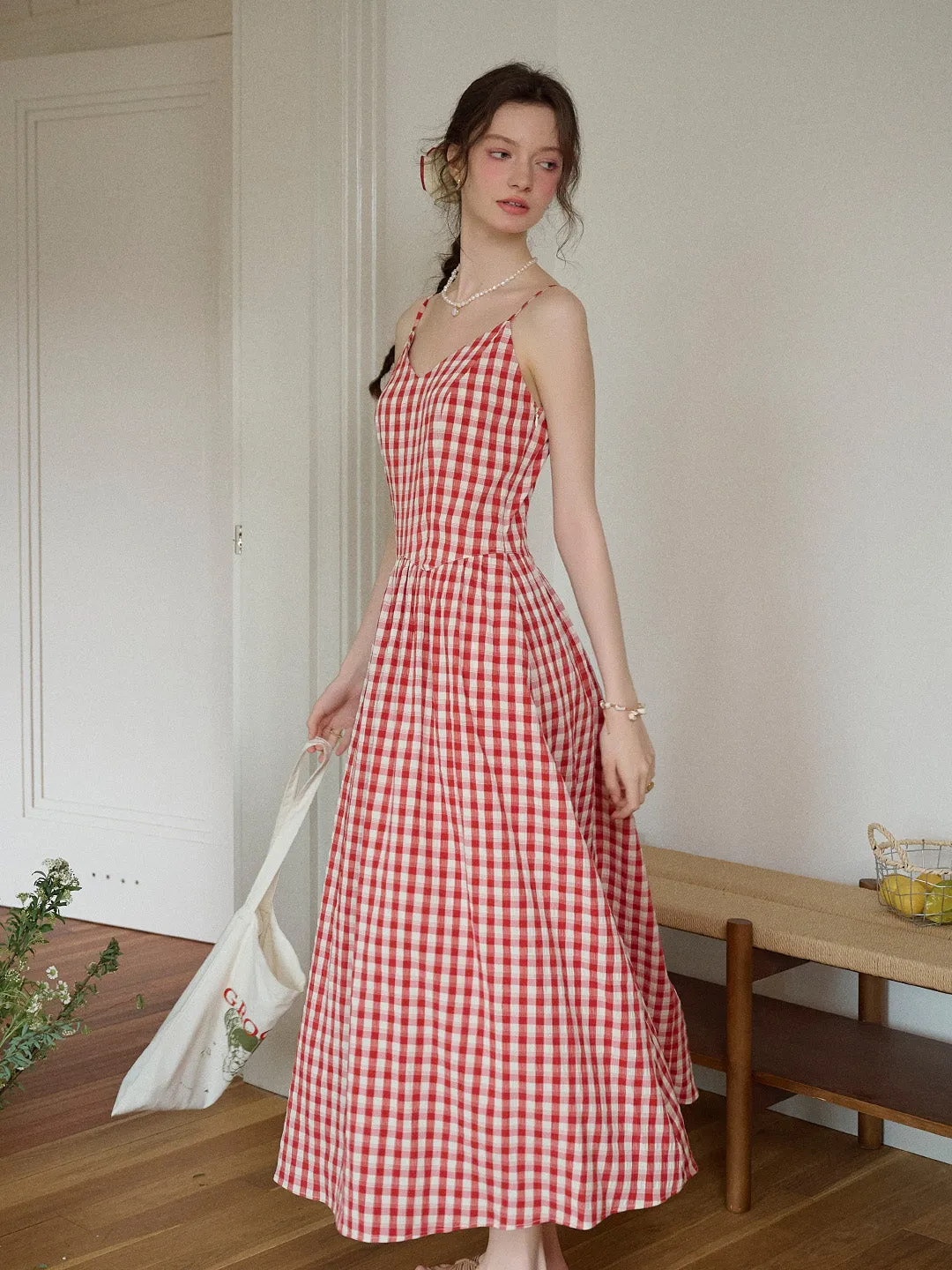 Soft Composition Gentle Shine Tinsley Suspender Plaid Dress- Red