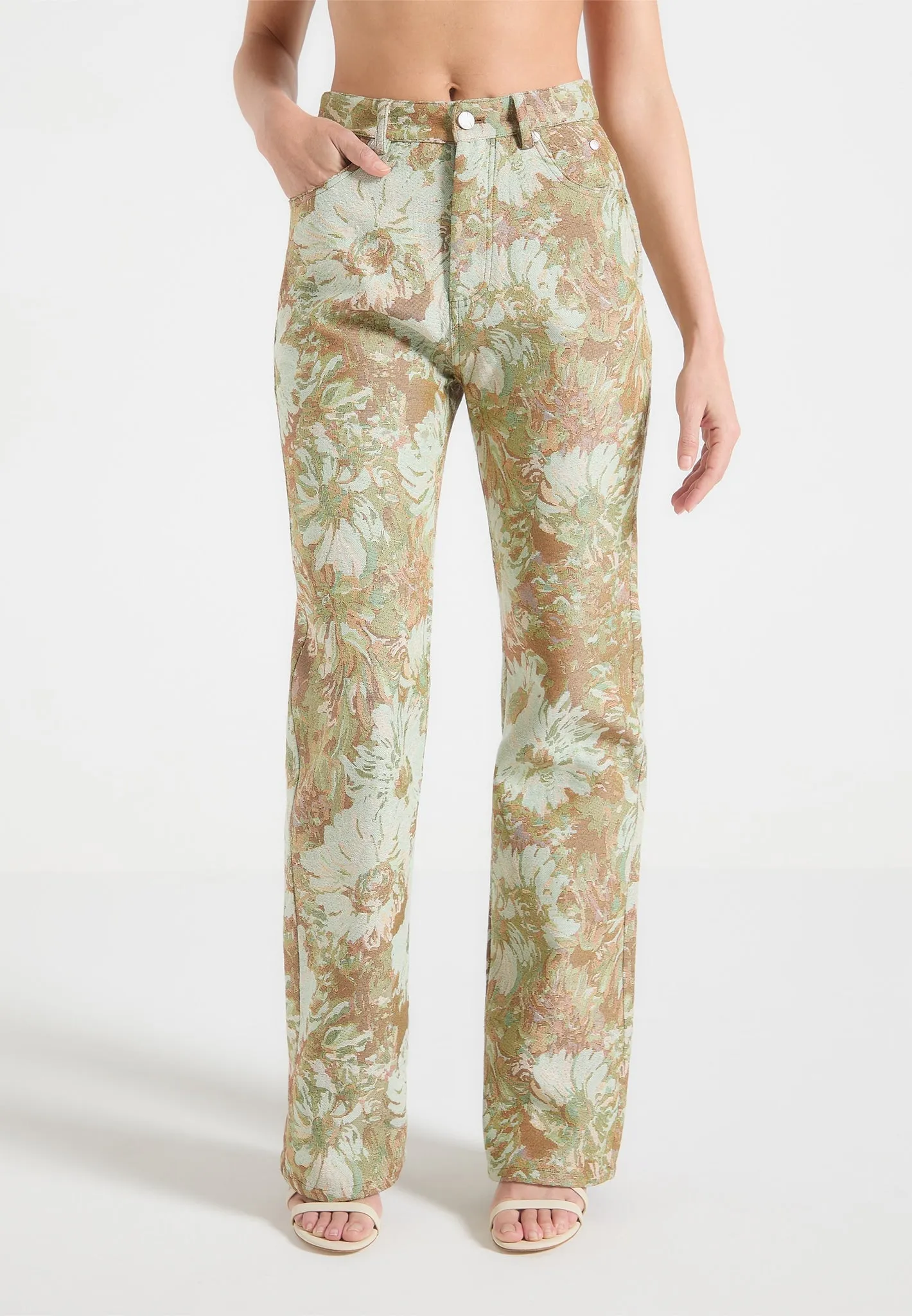 Florence - Jacquard High Rise Straight Leg Jeans - Sage Simple Wear