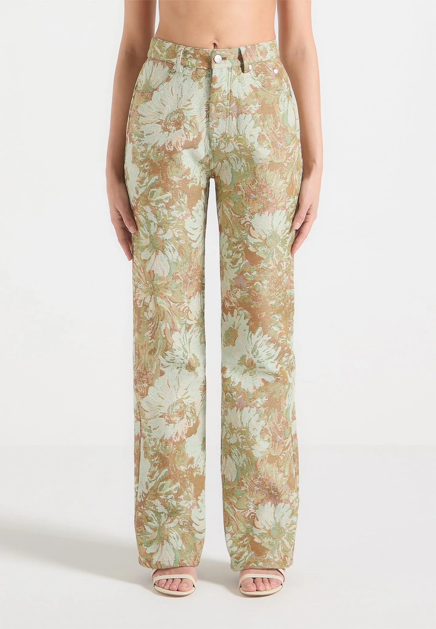 Barrel Leg Construction Florence - Jacquard High Rise Straight Leg Jeans - Sage
