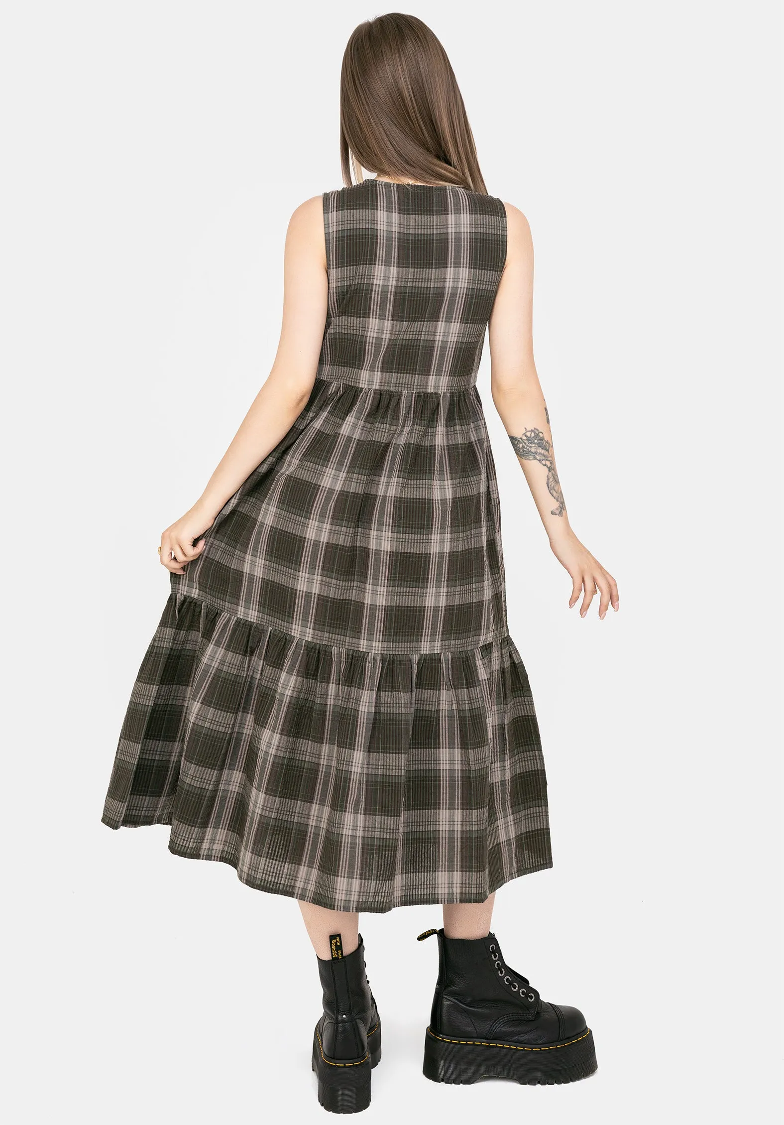 Clara Cotton Check Sleeveless Tiered Smock Midi Dress Easy Elegance